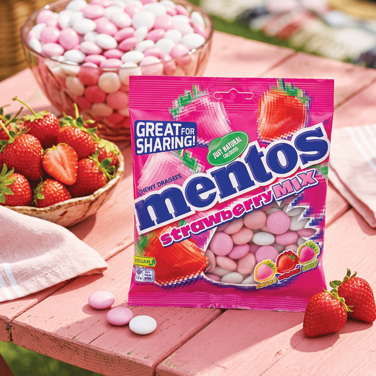 Image of Mentos Strawberry Mix Chewy Dragees 150g Bag - Fruit Bonbons With Strawberry Mix Flavor