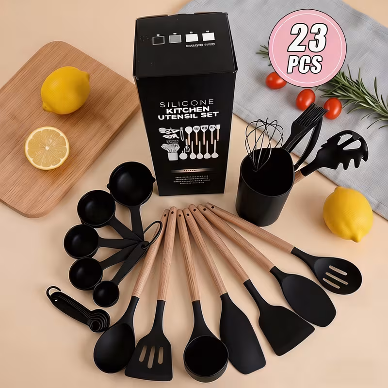 kitchen utensils set 23pcs silicone cooking utensils with holder heat resistant nonstick cookware tongs spatula spoon set wooden handles kitchen tools gadgets black details 3