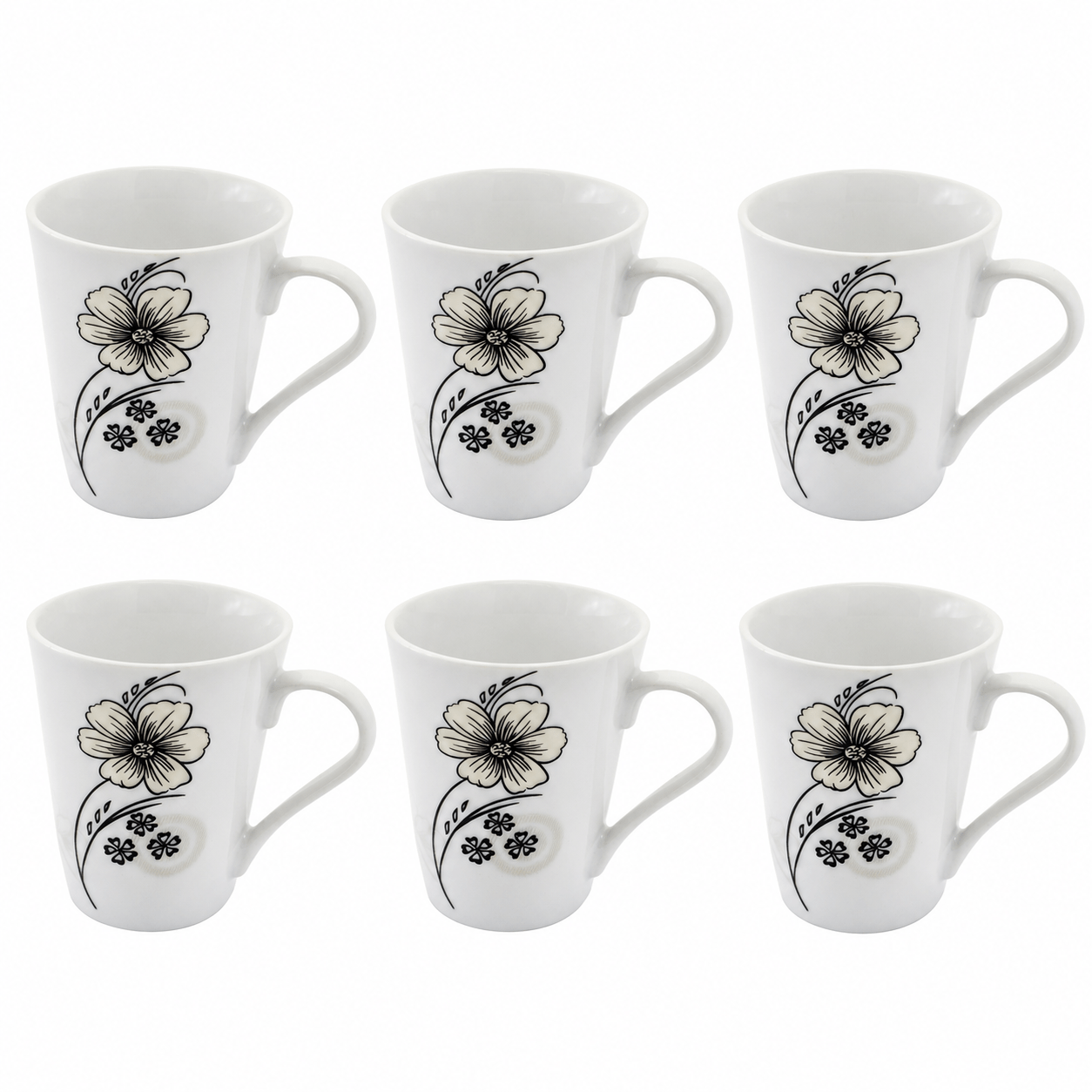 TEMU 6-piece Vintage Floral Ceramic Mug Set - Elegant Black & White Line Cups, Porcelain Drinkware For Tea, Latte, And