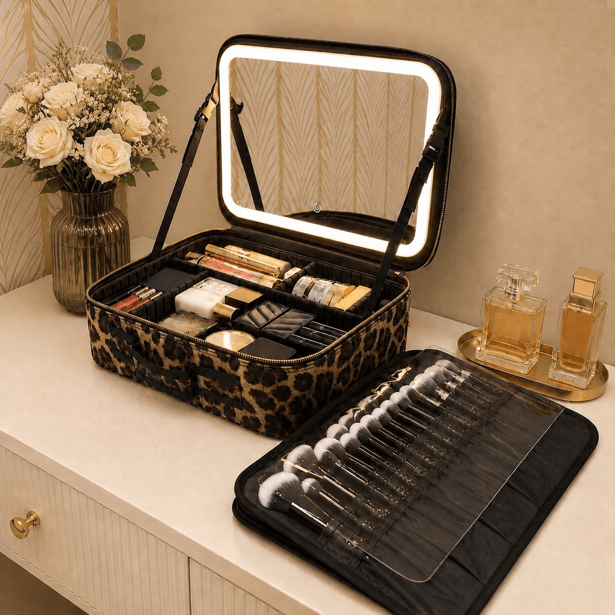   animal print trendy divider cosmetic box with light up mirror portable toiletry finishing box with adjustable dividers perfect travel makeup storage case