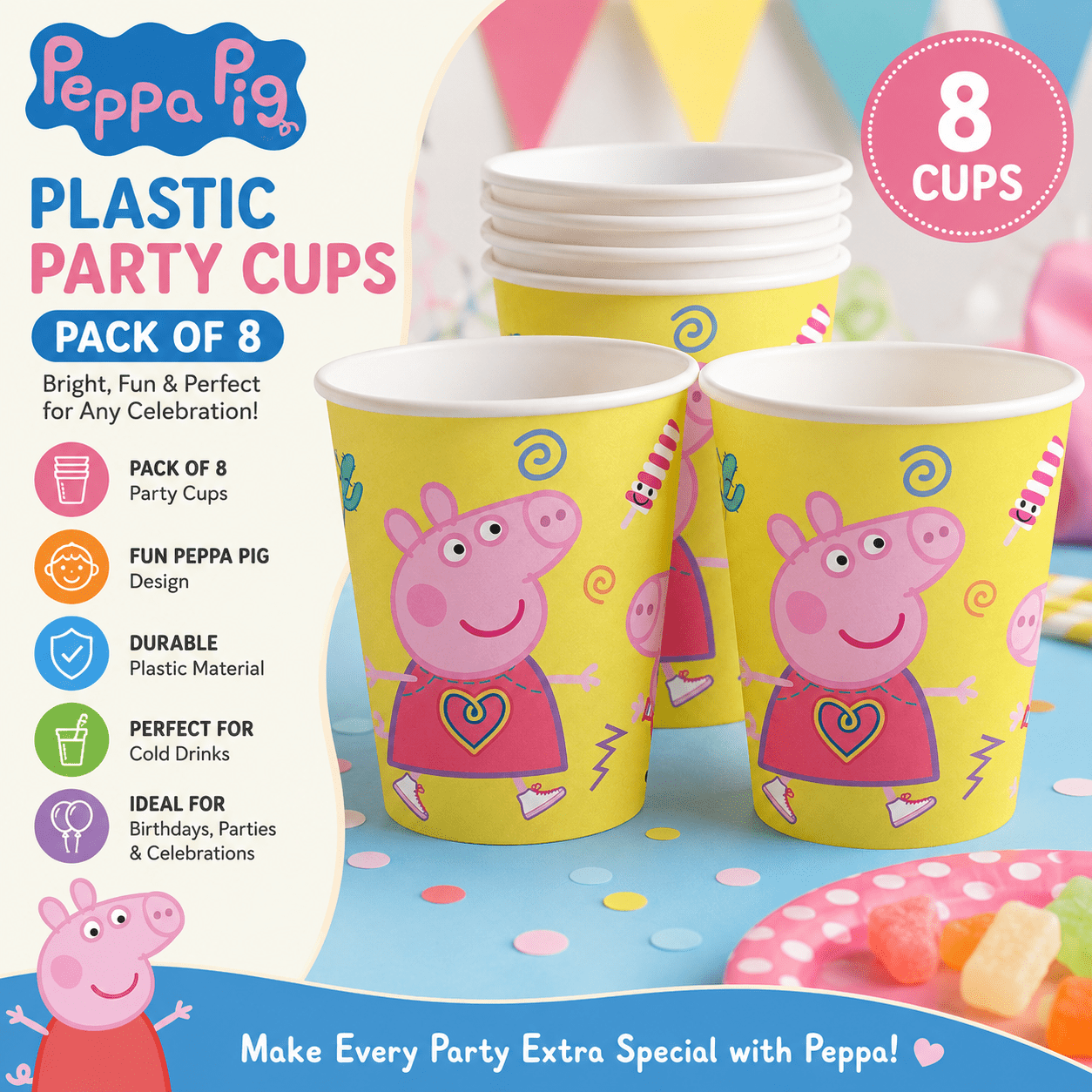 TEMU Peppa Pig Plastic Party Cups – Pack Of 8 Kids Party Drinking Cups – Colourful Cartoon Birthday Party Tableware For Children