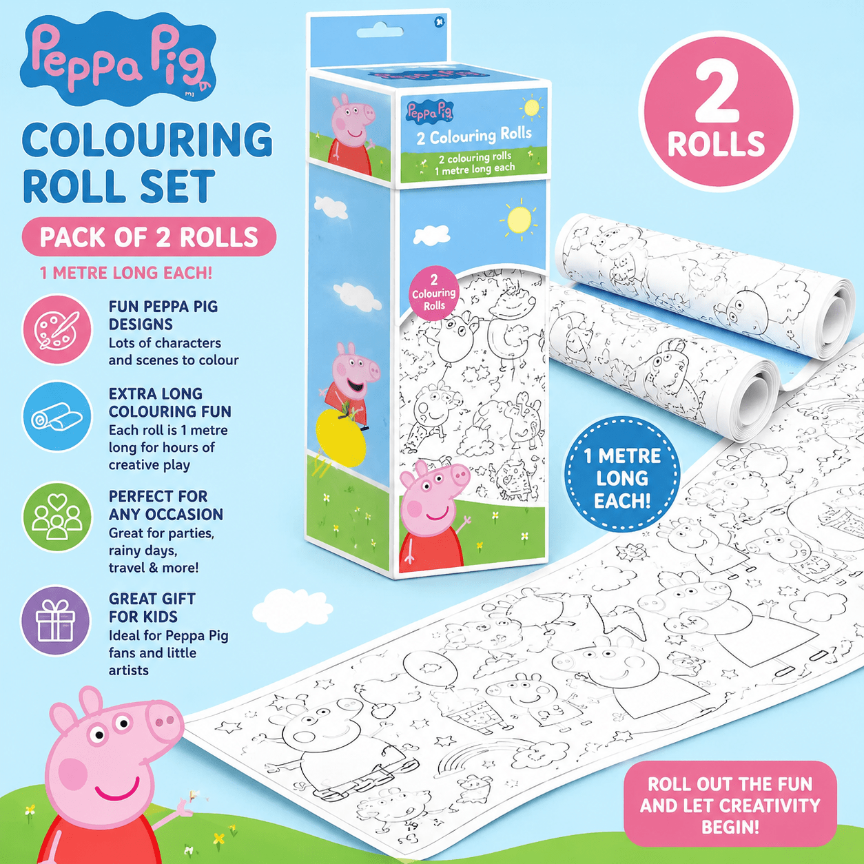 TEMU Pig Colouring Roll Set – Pack Of 2 Colouring Rolls For Kids – 1 Metre Long Creative Colouring Activity Paper For Children