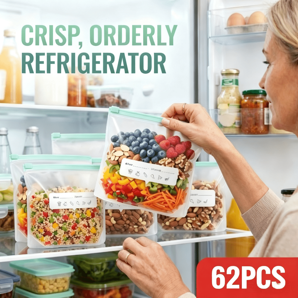 62pcs food storage bags with zipper 3 sizes multi purpose food sorting and storage bags fresh keeping sealed bags suitable for fruits   vegetables and meat kitchen storage and organization kitchen accessories