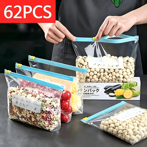 62pcs food storage bags with zipper 3 sizes multi purpose food sorting and storage bags fresh keeping sealed bags suitable for fruits vegetables and meat kitchen storage and organization kitchen accessories