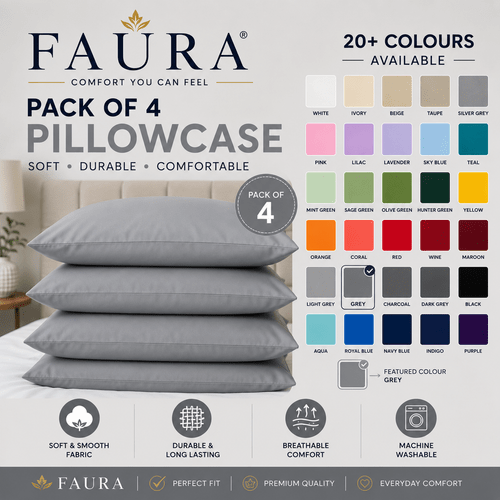 pack of 4 pillowcases pair soft microfibre pillow covers pillow cases bedding set standard uk size 50x75cm non fade breathable hotel quality pillow slips for bed bedroom in 20 colours including white grey silver cream latte duck egg