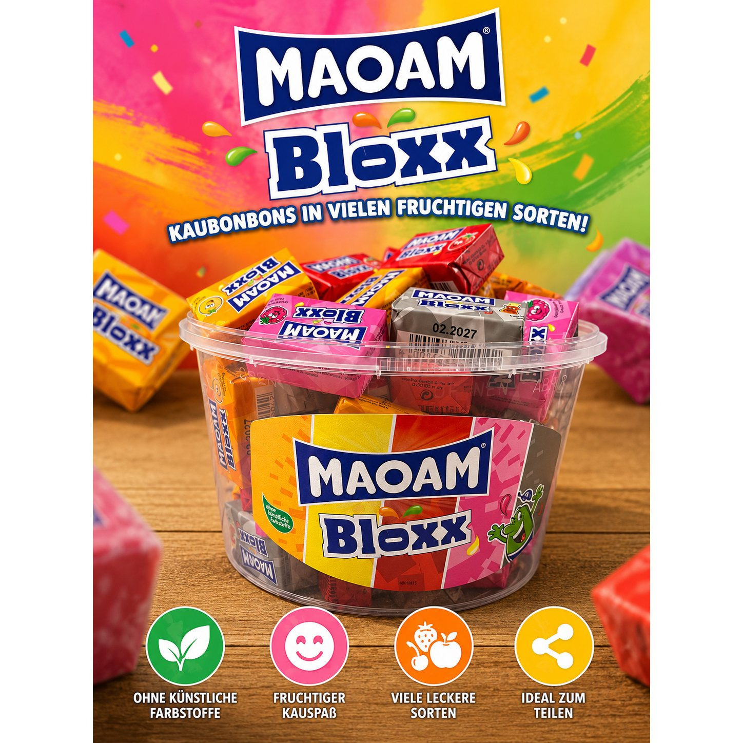 Image of Maoam Bloxx – Fruity Chewing Candies In Various Flavors – Ideal For Halloween & Children's Birthdays – 50 Pieces In A Round Tin