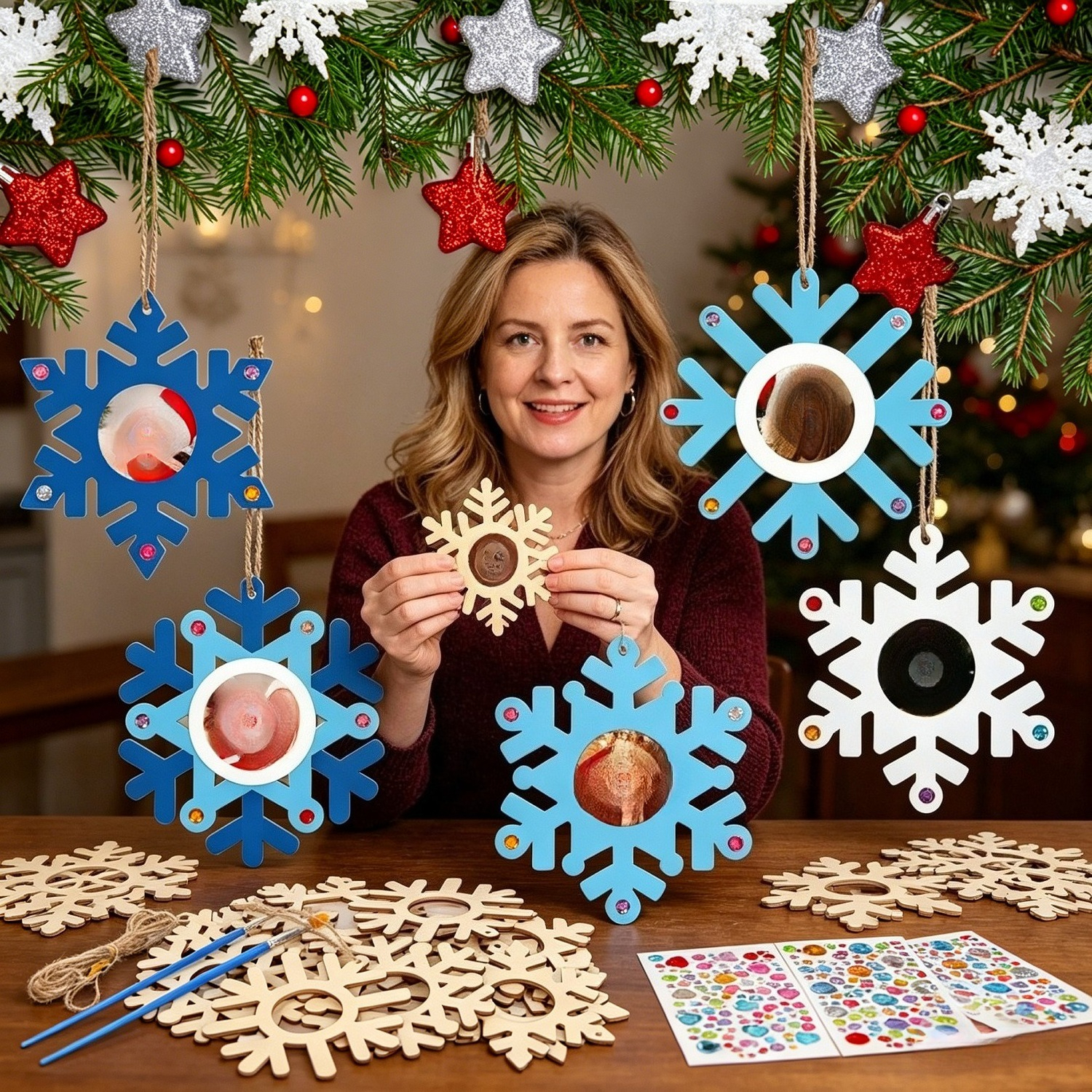 16-piece Craft Kit For Wooden Snowflake Photo Frames With 12 Frames, Glitter Stones, Sisal & Brushes - Party Accessory Set