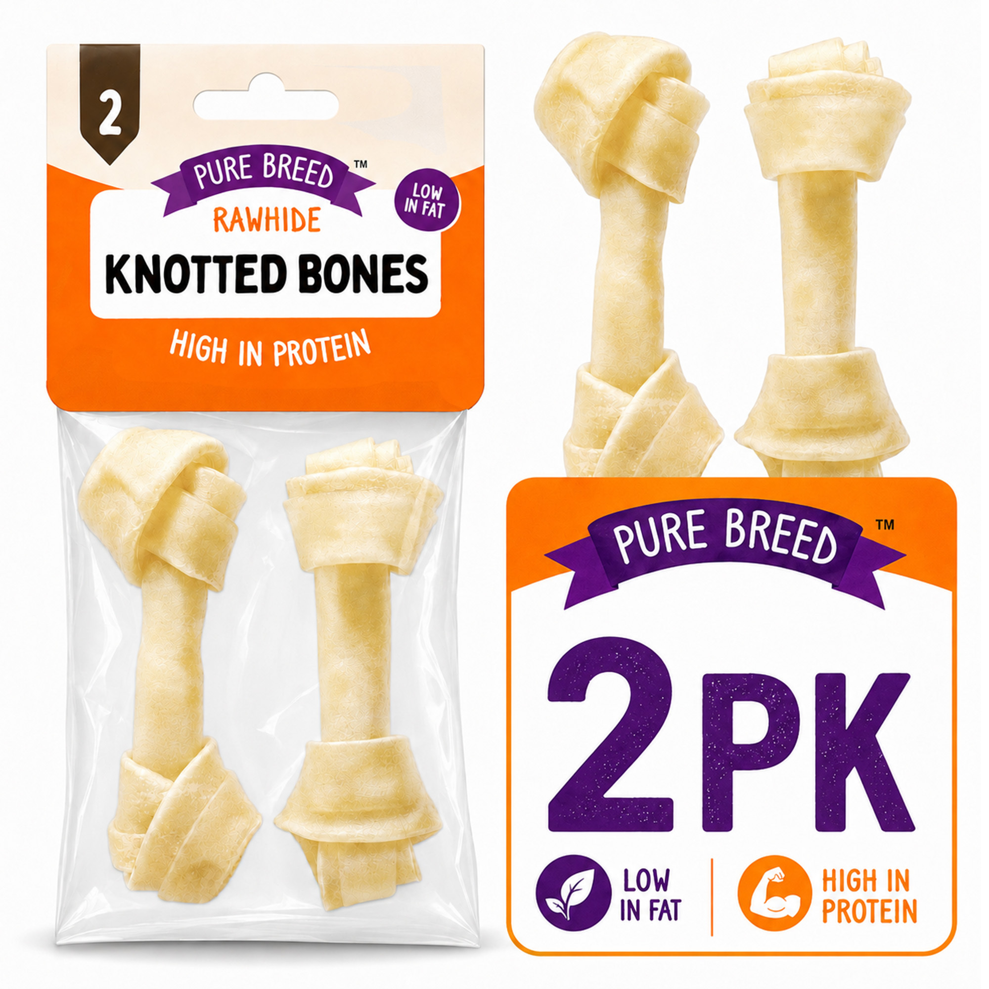 TEMU Pure Breed 2 Pack Rawhide Knotted Bones | High Protein Dog Chew Treats | Long Lasting Rawhide Dog Bones | Chew Snacks For Puppies & Adult Dogs |