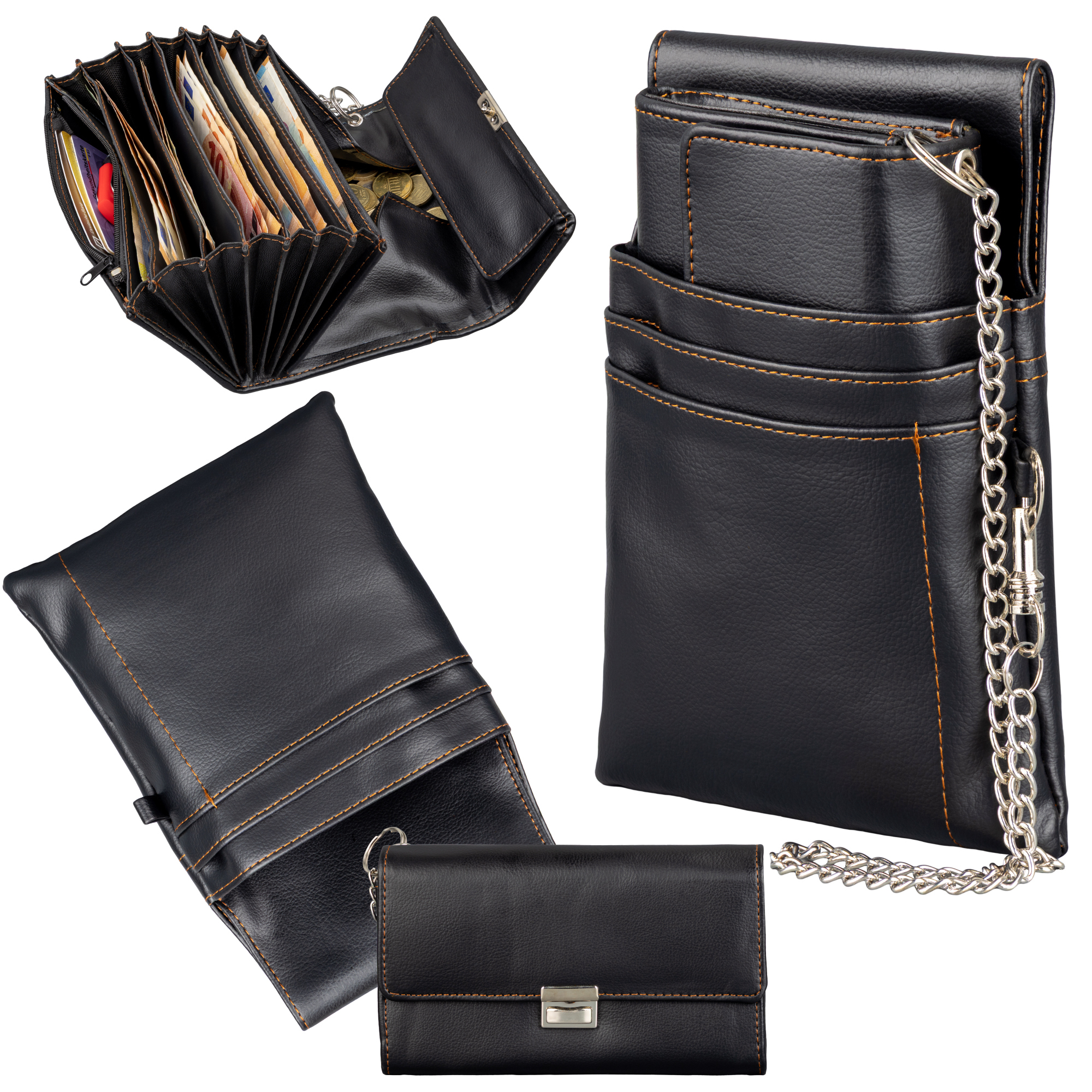 Image of Waiter's Wallet Art Leather Black Waiter Holster . Chain & Carabiner - Waiter' Wallet & Taxi Wallet With 7 Fake Compartments, Large Coin Compartment, Zip Pocket, Adjustable Ladder Lock.