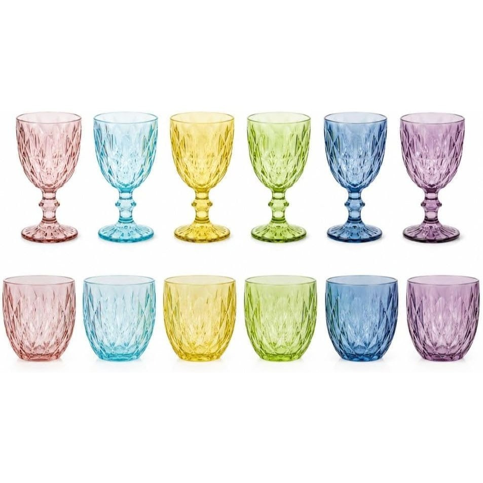 Cecaro Group Set Of 12pcs Colored Glass Tumblers And Wine Glasses - 6 Wine Glasses Of 270 Ml + 6 Tumblers Of 250 Ml - Diamond Fantasy - Elegant And Resistant Colored Table Set