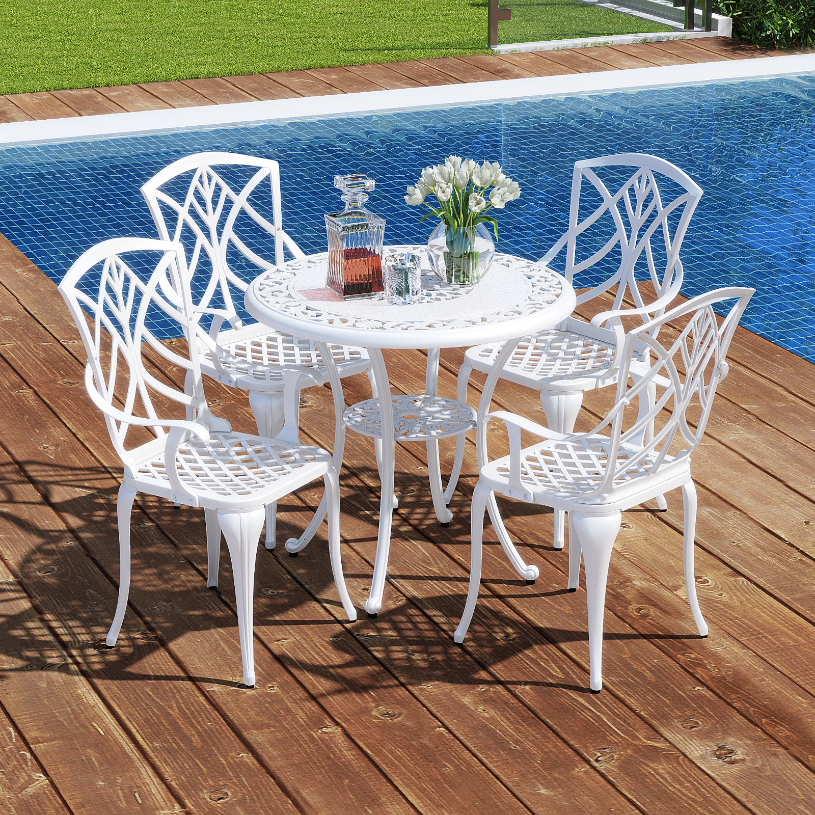 Image of 5-piece Garden Set, And 4 Aluminum Casting Chairs, Umbrella Hole, High Reclining Backrest, Bistro Furniture Set For Balcony