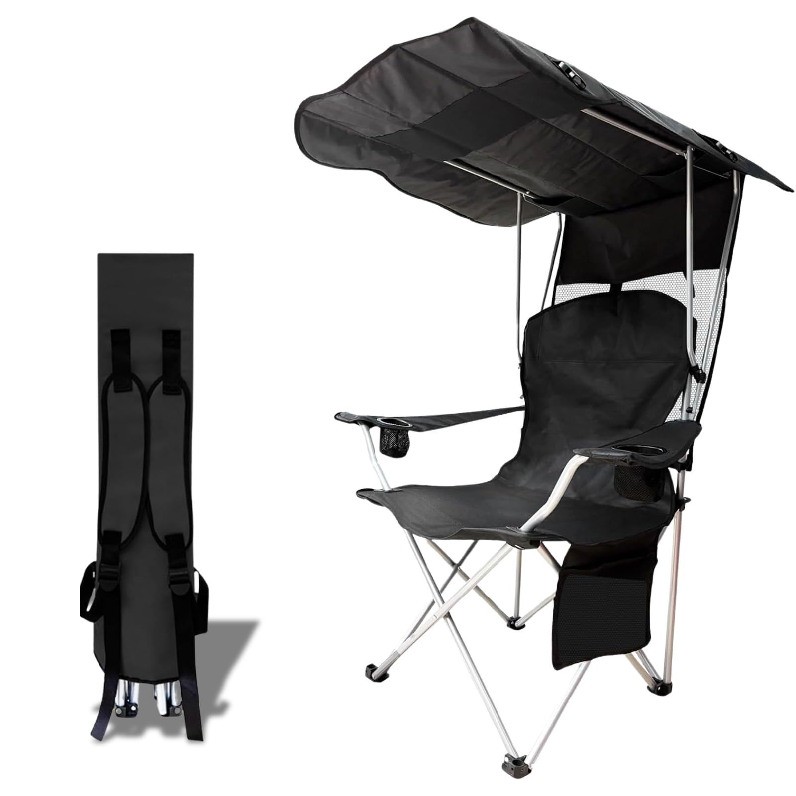 Portable Camping Chair With Canopy Shade- Folding Camping Lounge Chair With Cup Holder & Side Pocket For Outdoor Camping, Fishing, Beach - Support 330 Lbs