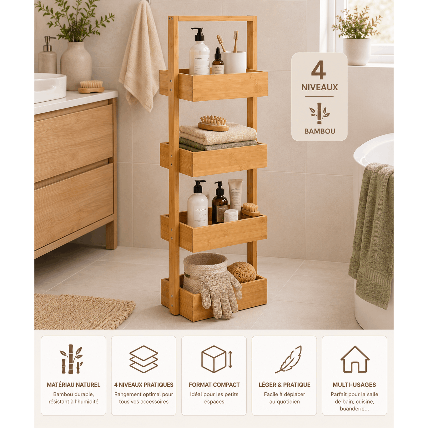 TEMU Carrello portaoggetti a 4 ripiani in bamb羅, altezza 88 cm �� Scaffale per cucina e bagno