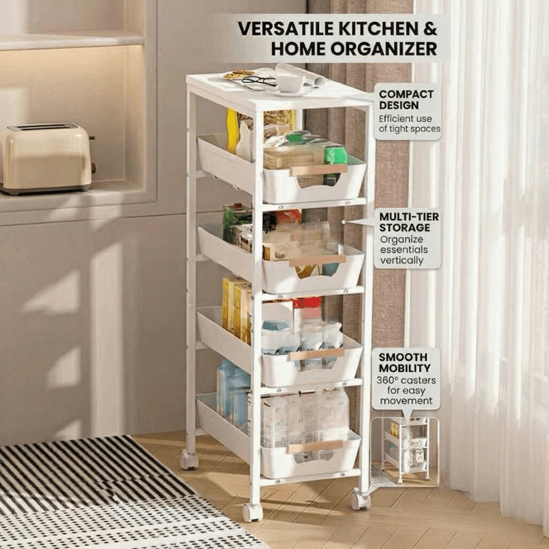 TEMU Estante de Almacenamiento Multifuncional con 5 Niveles, Carrito Móvil con Cajones Tipo Cesta para Cocina y Despensa, Organizador Vertical para