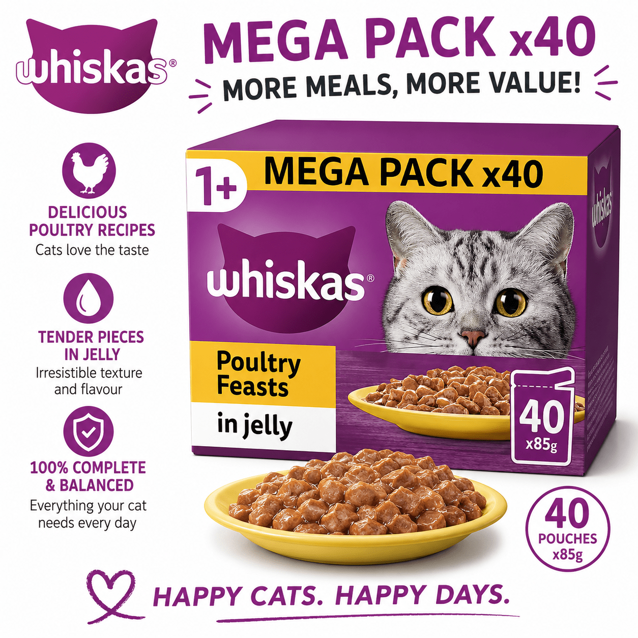 TEMU Whiskas 1+ Adult Poultry Wet Cat Food Pouches 40 X 85g