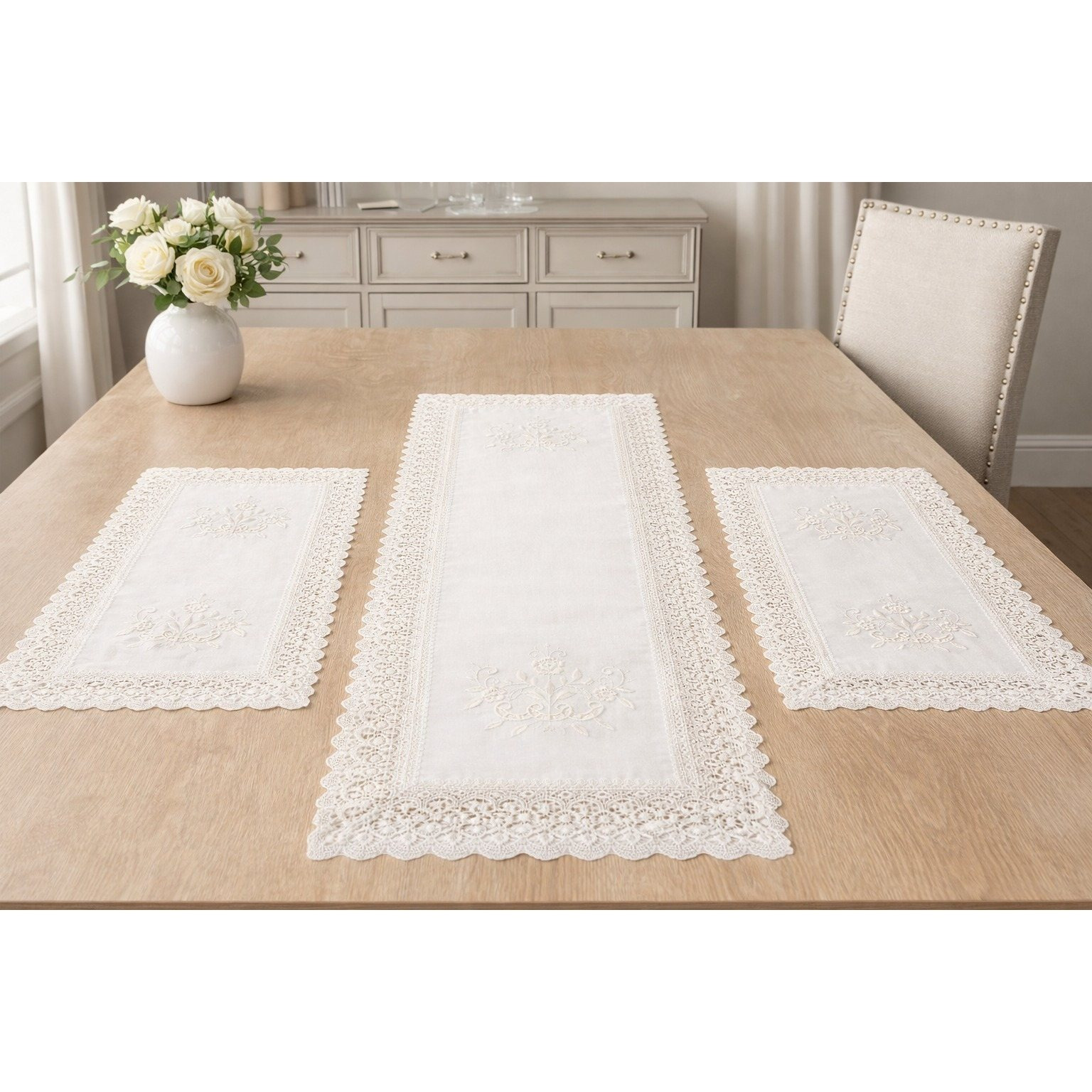 TEMU House Running Set 3pcs Large Embroidered Striped Runner Elegant White Mixed Linen Size 90x40-44x28 Cm