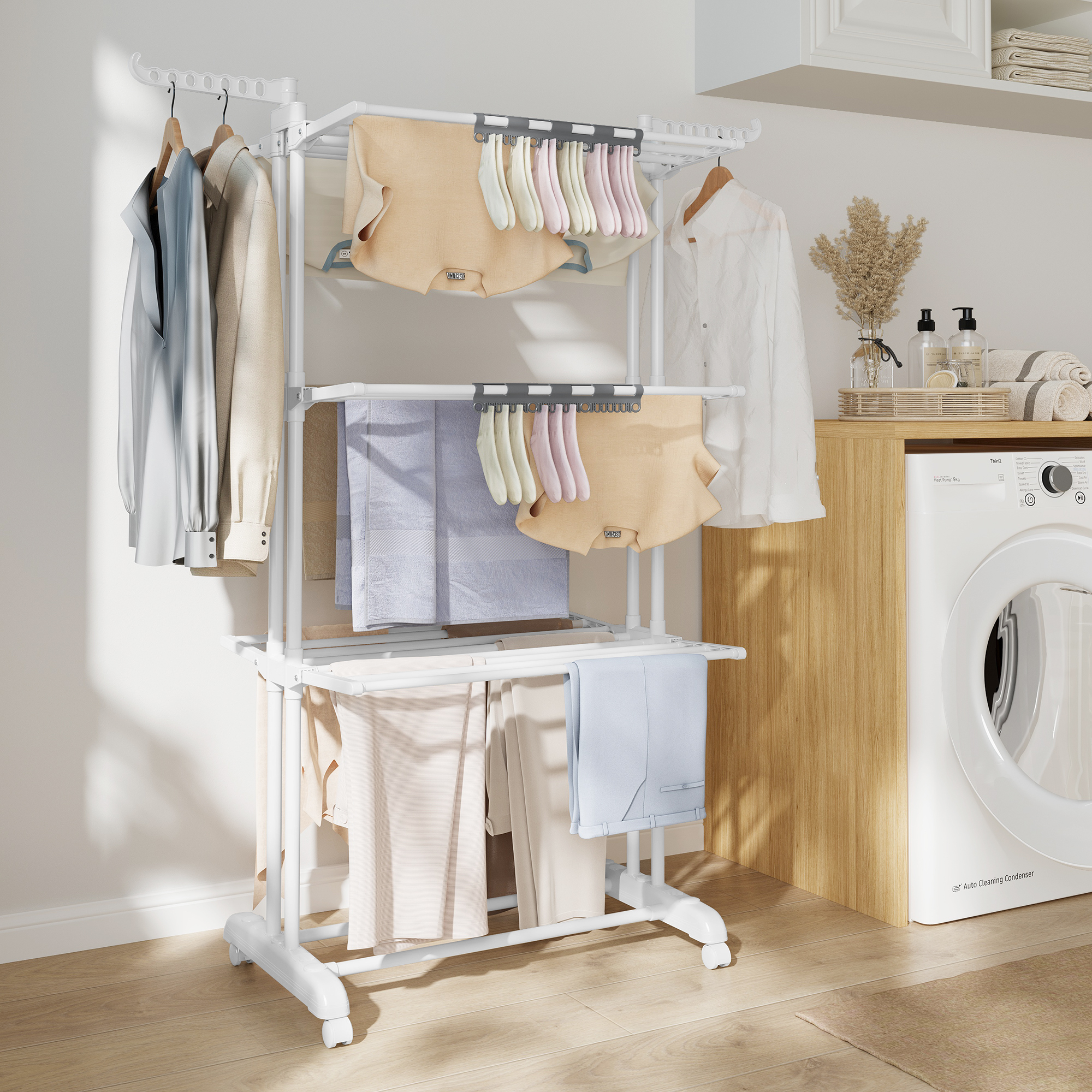 Image of Clothes Rack, 4-tier Stand Dryer, Foldable, Rollable, Winged Clothes Rack, Sock Holder, 63.5 X 128 X 173 Cm