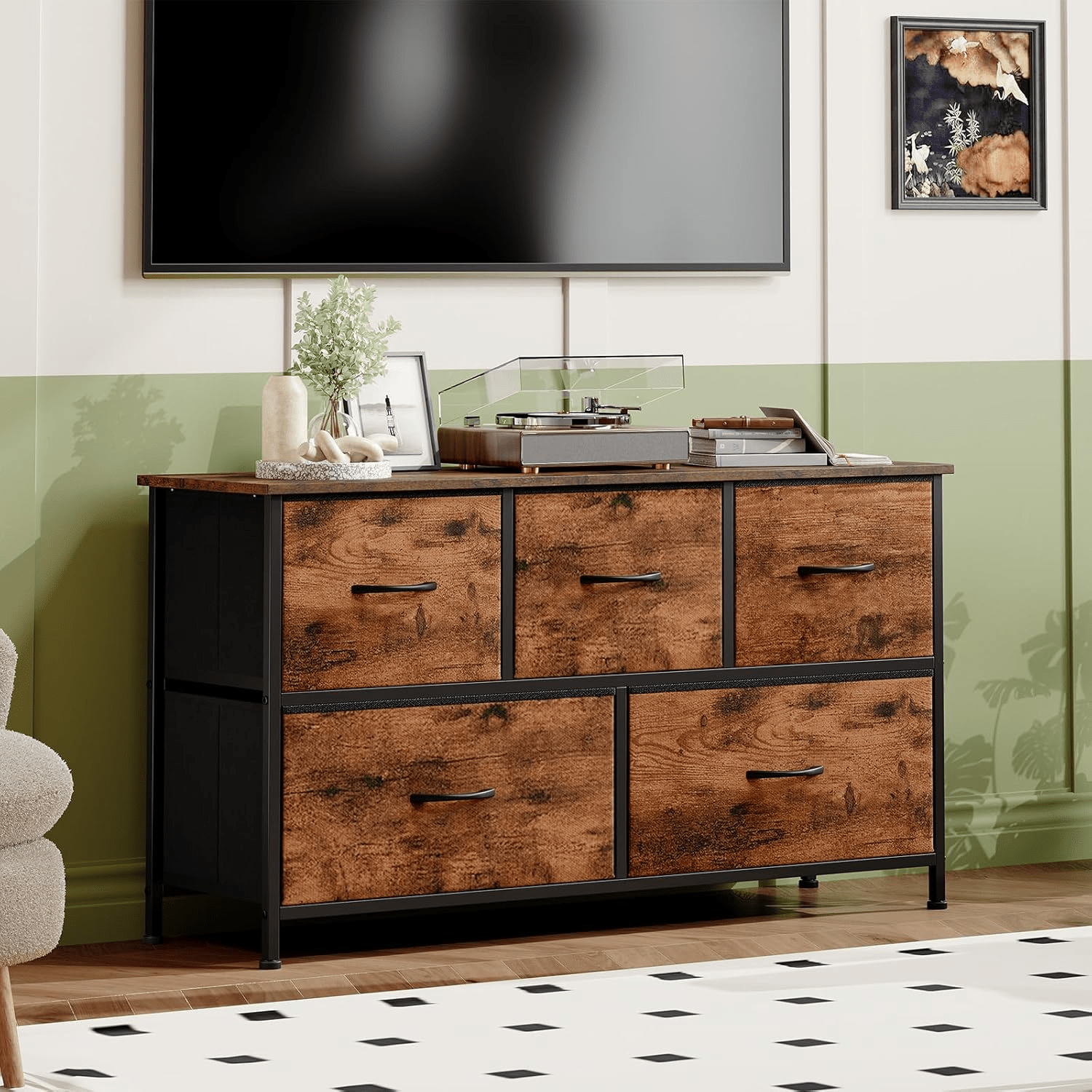 Image of Chest Of Drawers With 5 Drawers, Fabric Chest Of Drawers For Bedroom, Living Room, Hallway, Dresser Cabinet, Drawer Cabinet, Storage Cabinet, 5 Fabric Drawers, Wood Grain