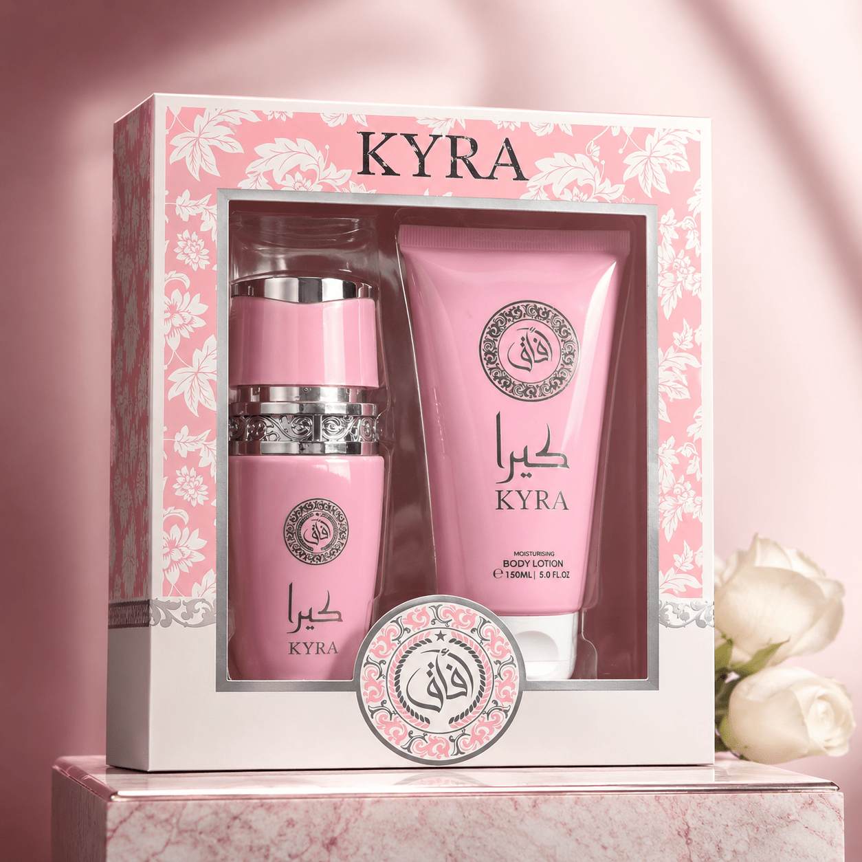 TEMU Set de regalo para mujer KYRA – Perfume de 100 ml + Loción corporal de 150 ml – femenina floral rosada – Elegante de lujo