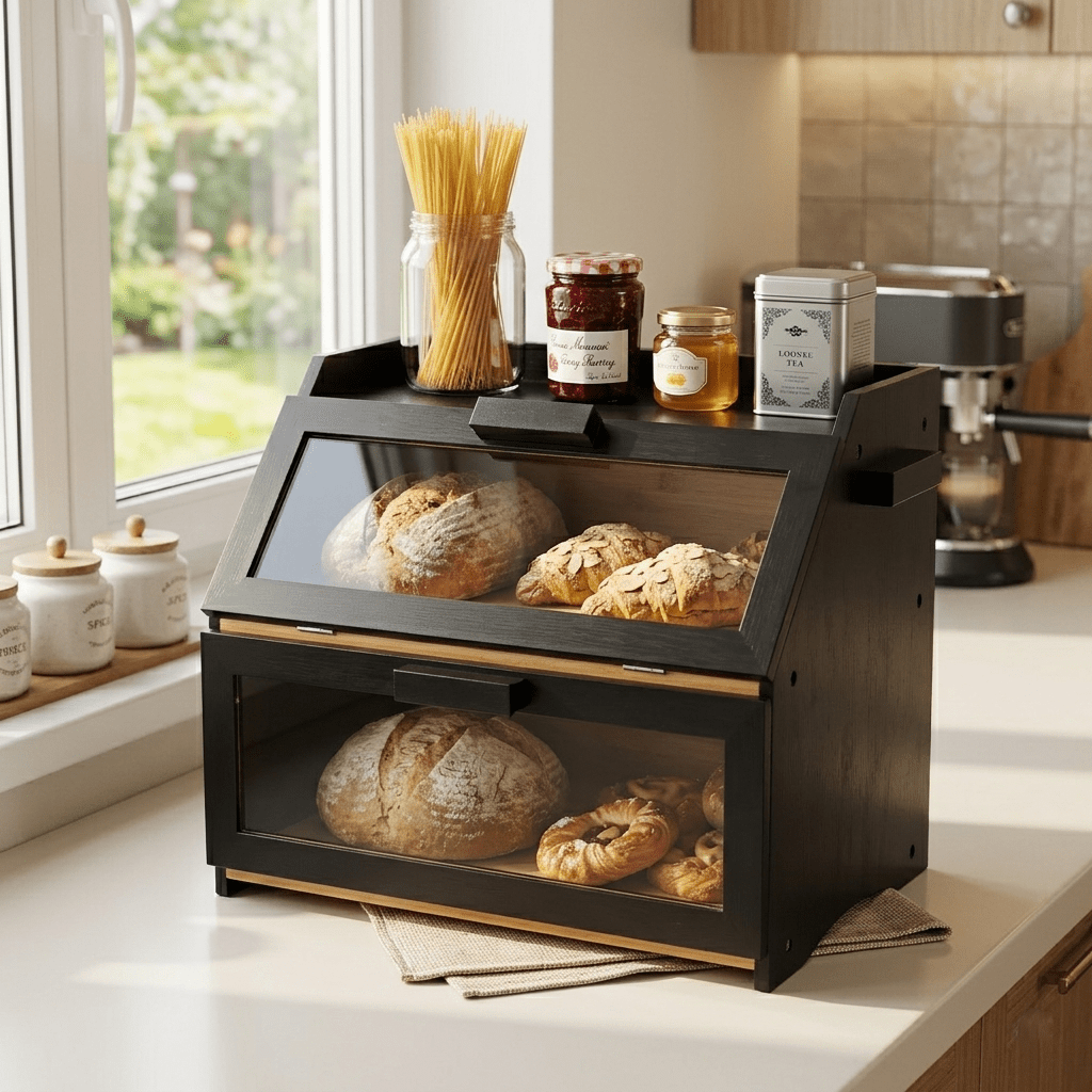 Double Layer Bread Box For Kitchen Counter Bamboo Storage Bread Container Black