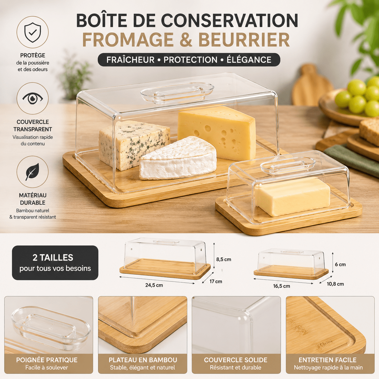 Image of Lot Of 2 Cheese And Butter Conservation Boxes - Transparent Bell With Bamboo Plate