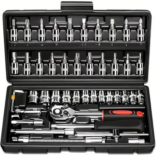 45pcs car repair socket wrench set stainless steel ratchet wrench with ratchet handle drill socket extension bars heavy duty mechanic hand tools with storage case