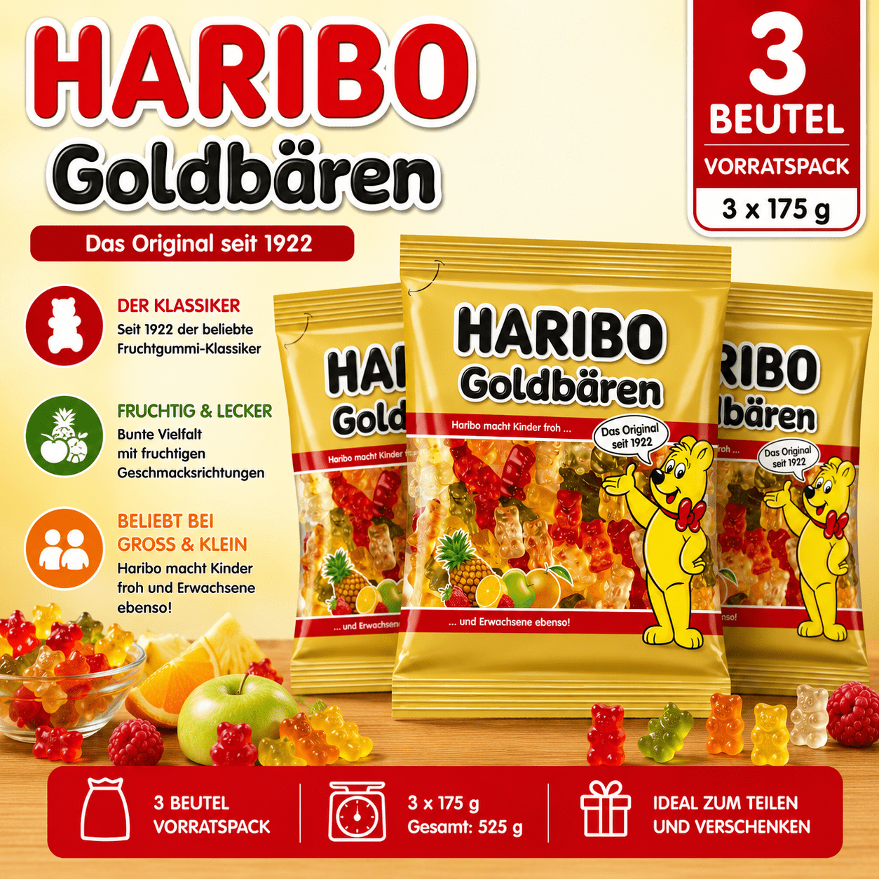Haribo Golden Bears Gummies 3x175 G Multipack