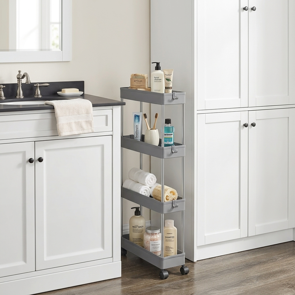 Image of Utility Cart, Kitchen Cart With 6 Hooks, Bathroom Shelf With , Kitchen Shelf, Niche Shelf, With 6 Hooks, 360° Rotatable Wheels, Grey