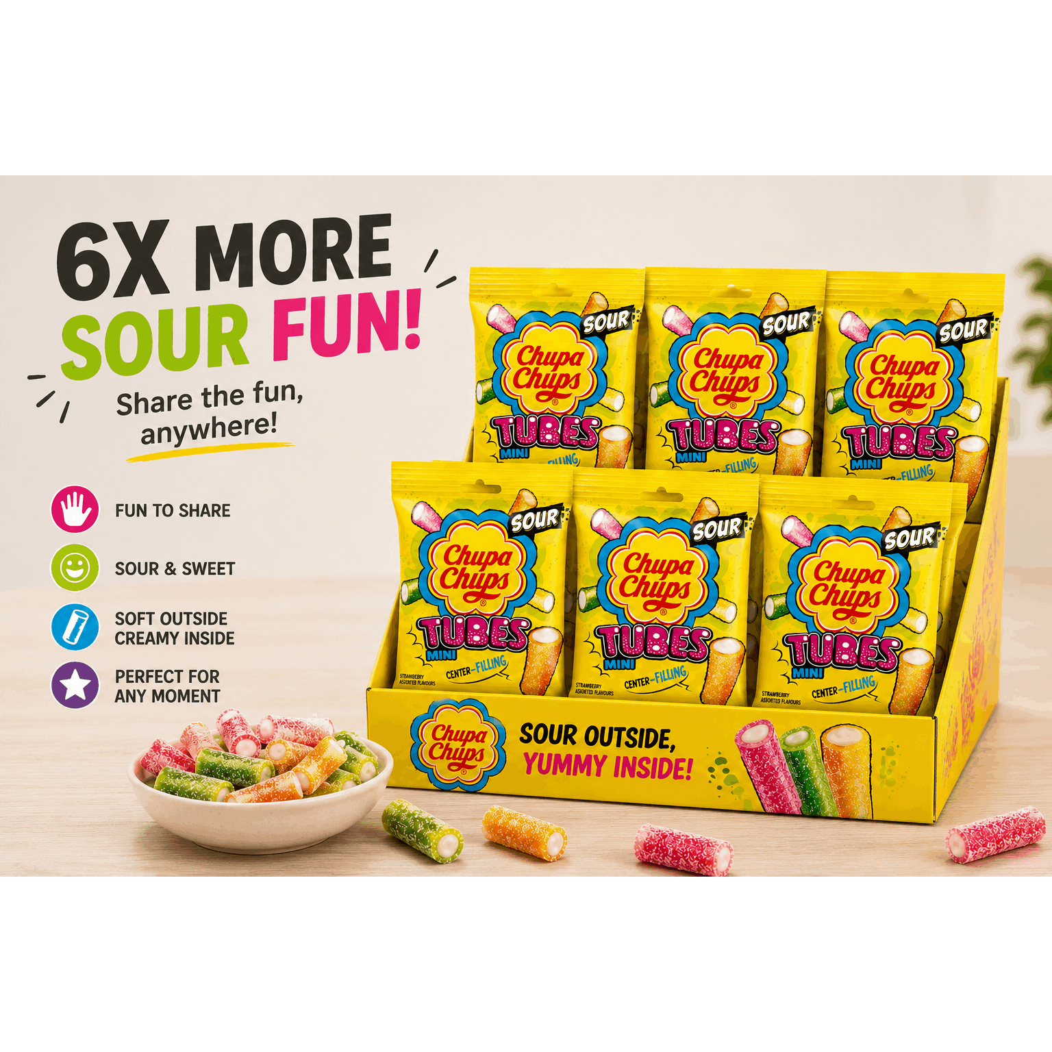 6x Chupa Chups Sour Tubes 22g / 6stk Chupa Chups Sour Tubes 22g