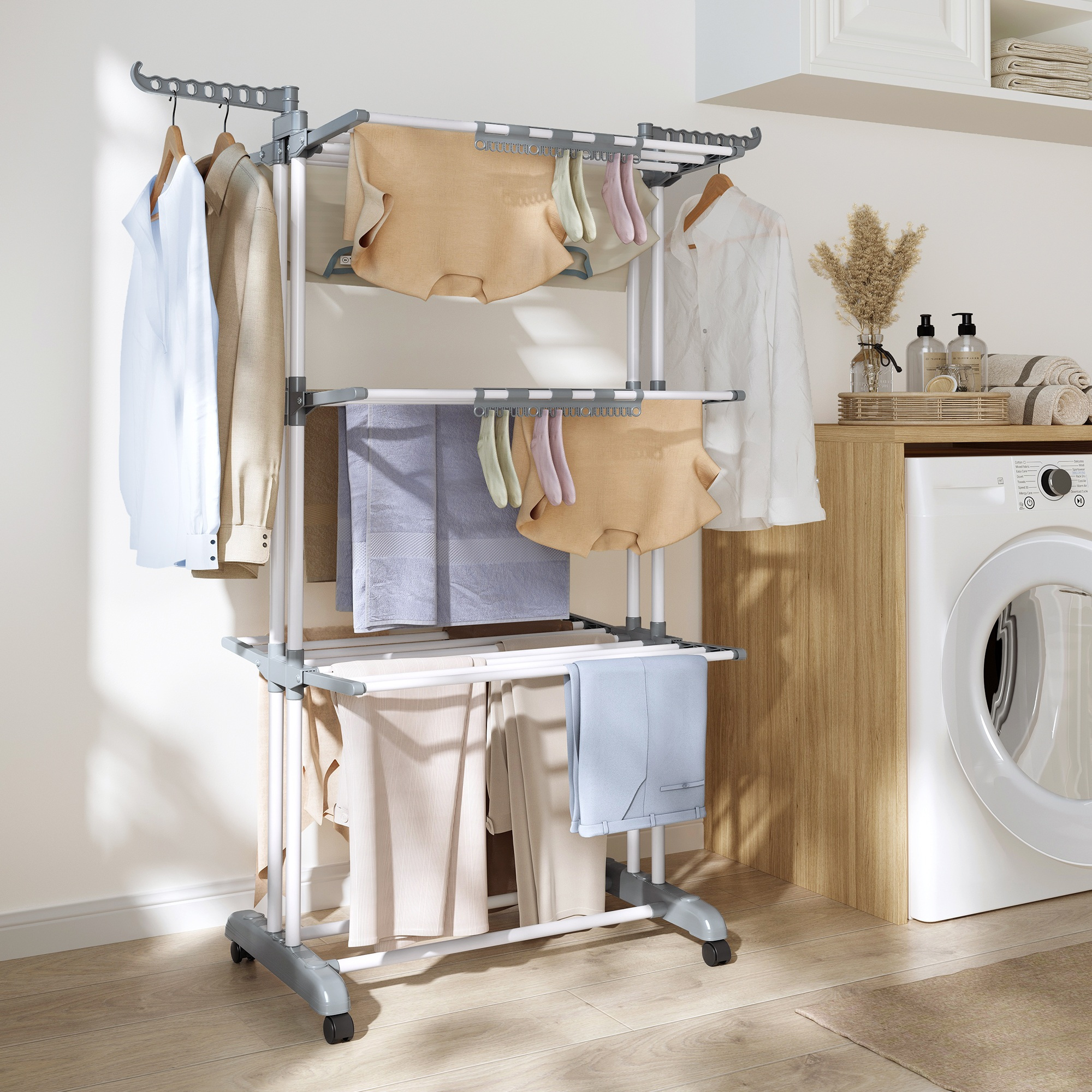 TEMU Clothes Rack, 4-tier Stand Dryer, Foldable, Rollable, Winged Clothes Rack, Sock Holder, 63.5 X 128 X 173 Cm