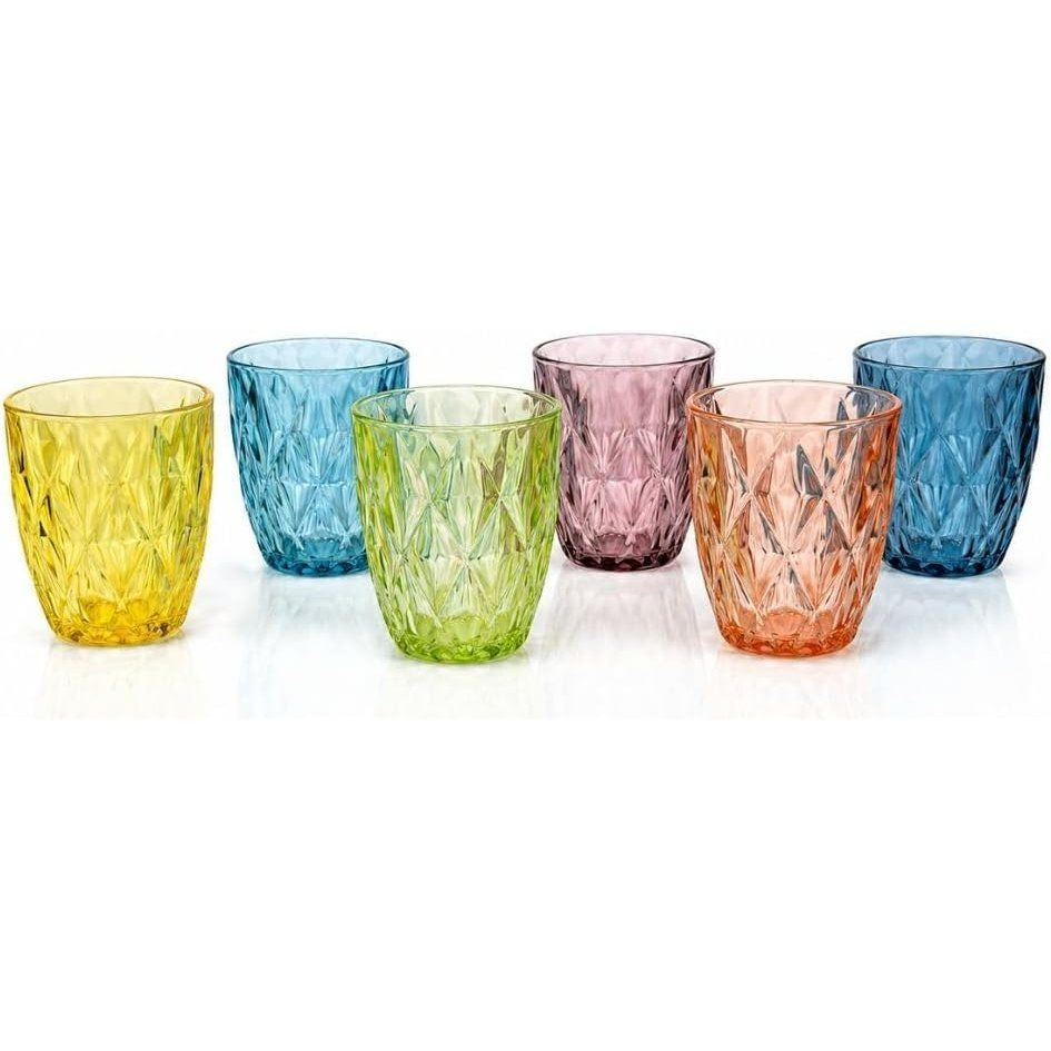 Image of Cecaro Group Set Of 6 Diamond-patterned Colored Glasses – 250 Ml Durable Glass Cups – Ideal For Water, Cocktails, Juices, And Beverages