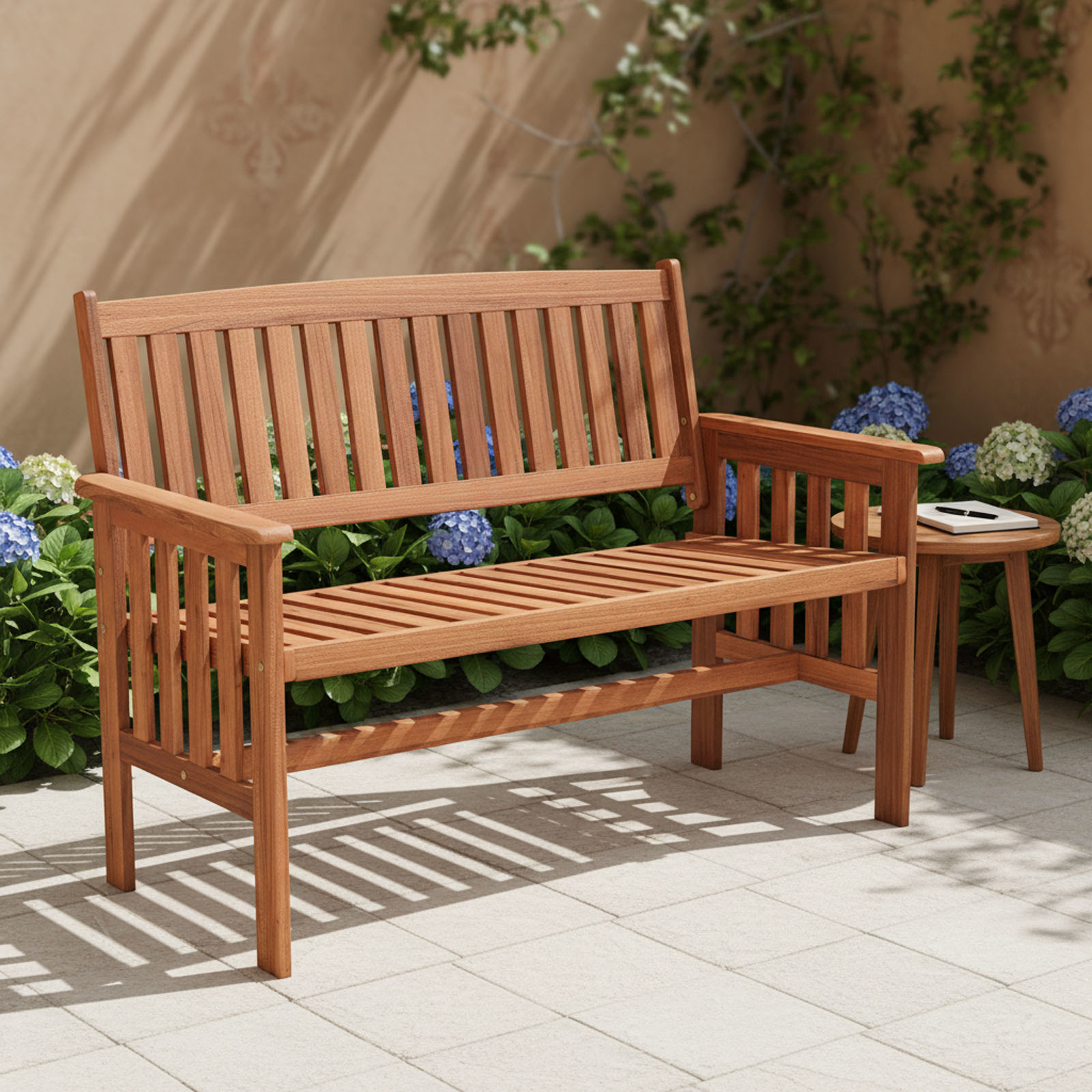 Image of Patio Loveseat, Wood 2-seat Bench With Backrest & Slatted Seat, Outdoor Solid Wood Armchair With Teak Painting