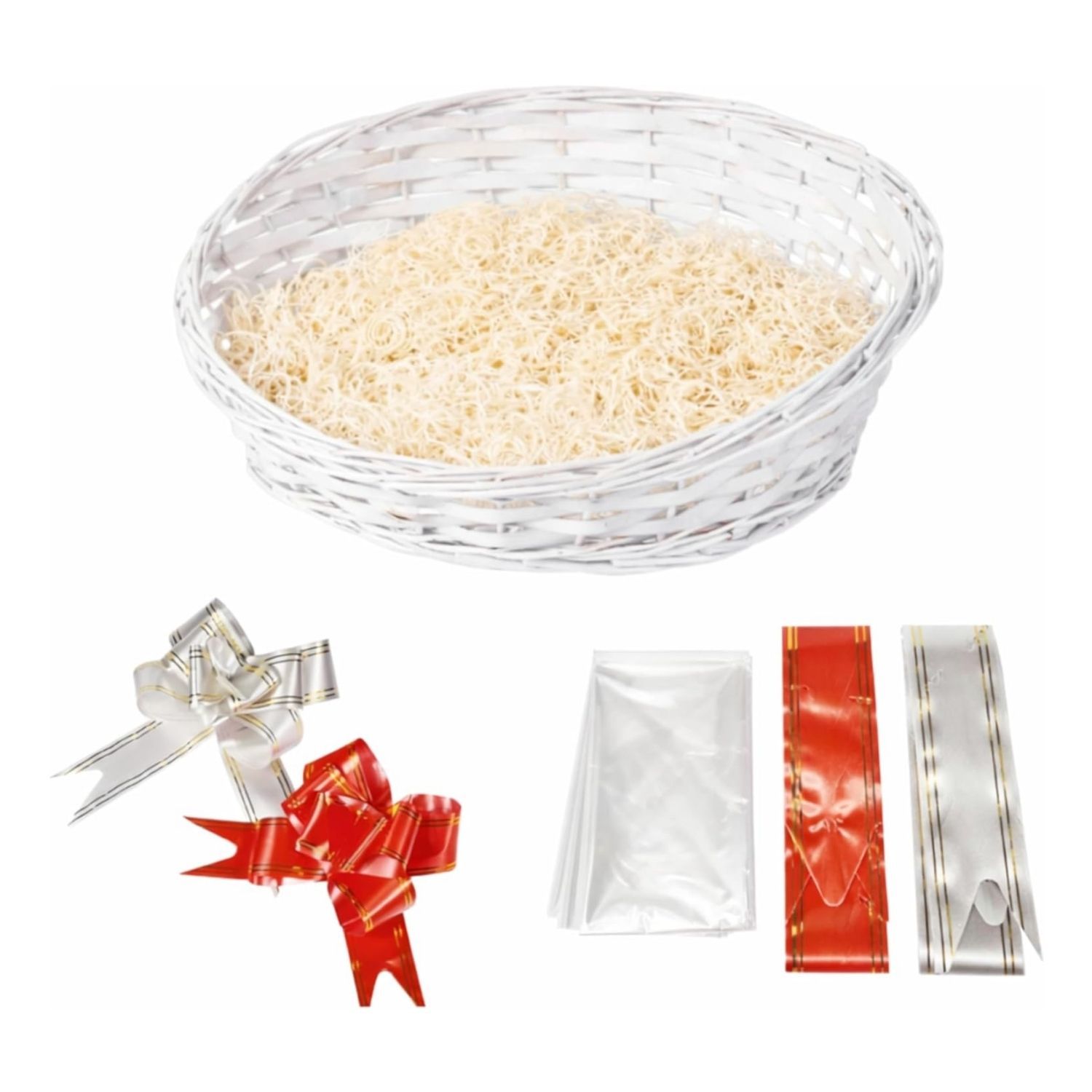 TEMU White Oval Wicker Gift Basket Hamper Kit Create Your Own Diy Present Set With Clear Cellophane Wrap Natural Wood Wool Filling And 2 Pull Bows