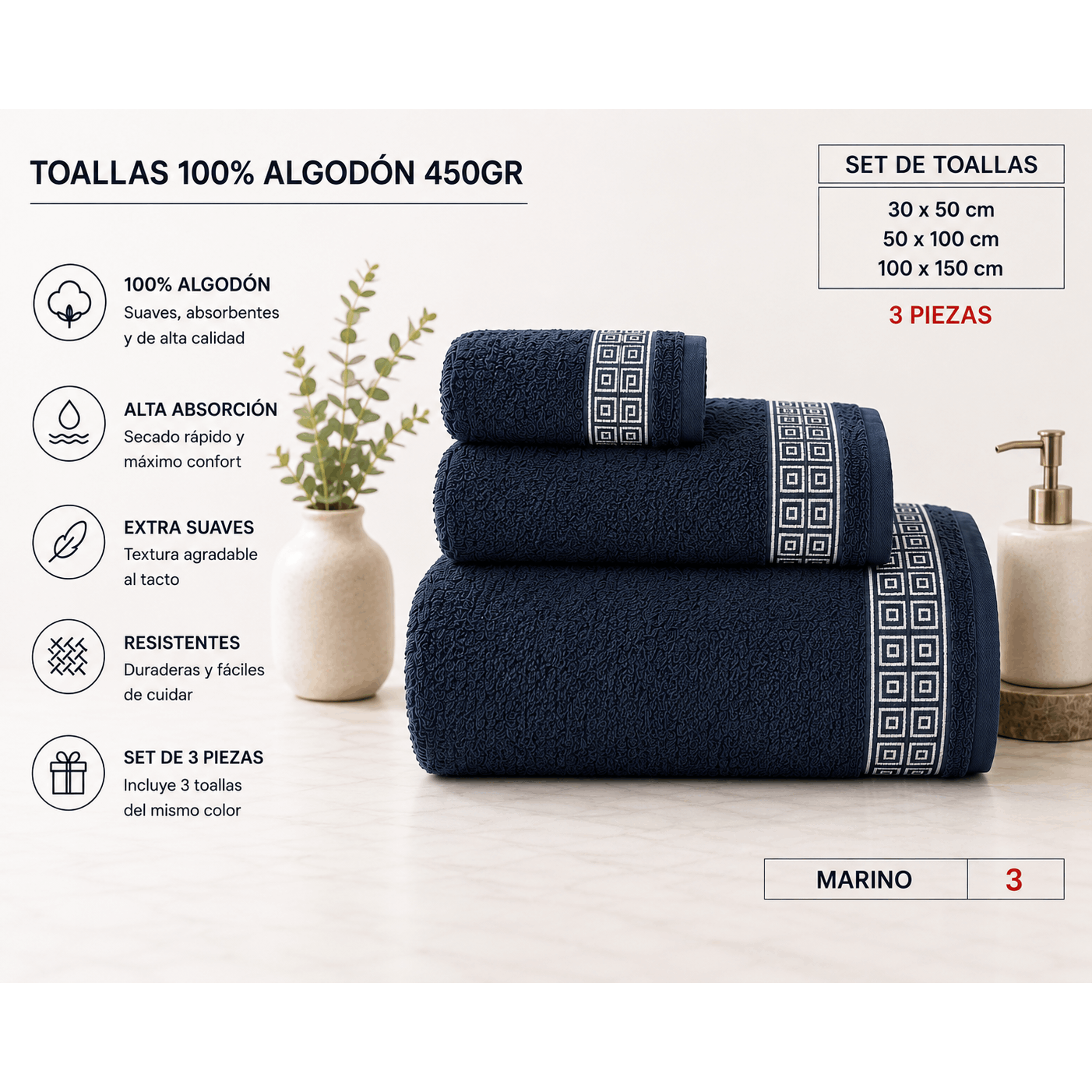 TEMU Juego de Toallas 3 Piezas 100% Algodón Suaves Absorbentes y Resistentes para Baño