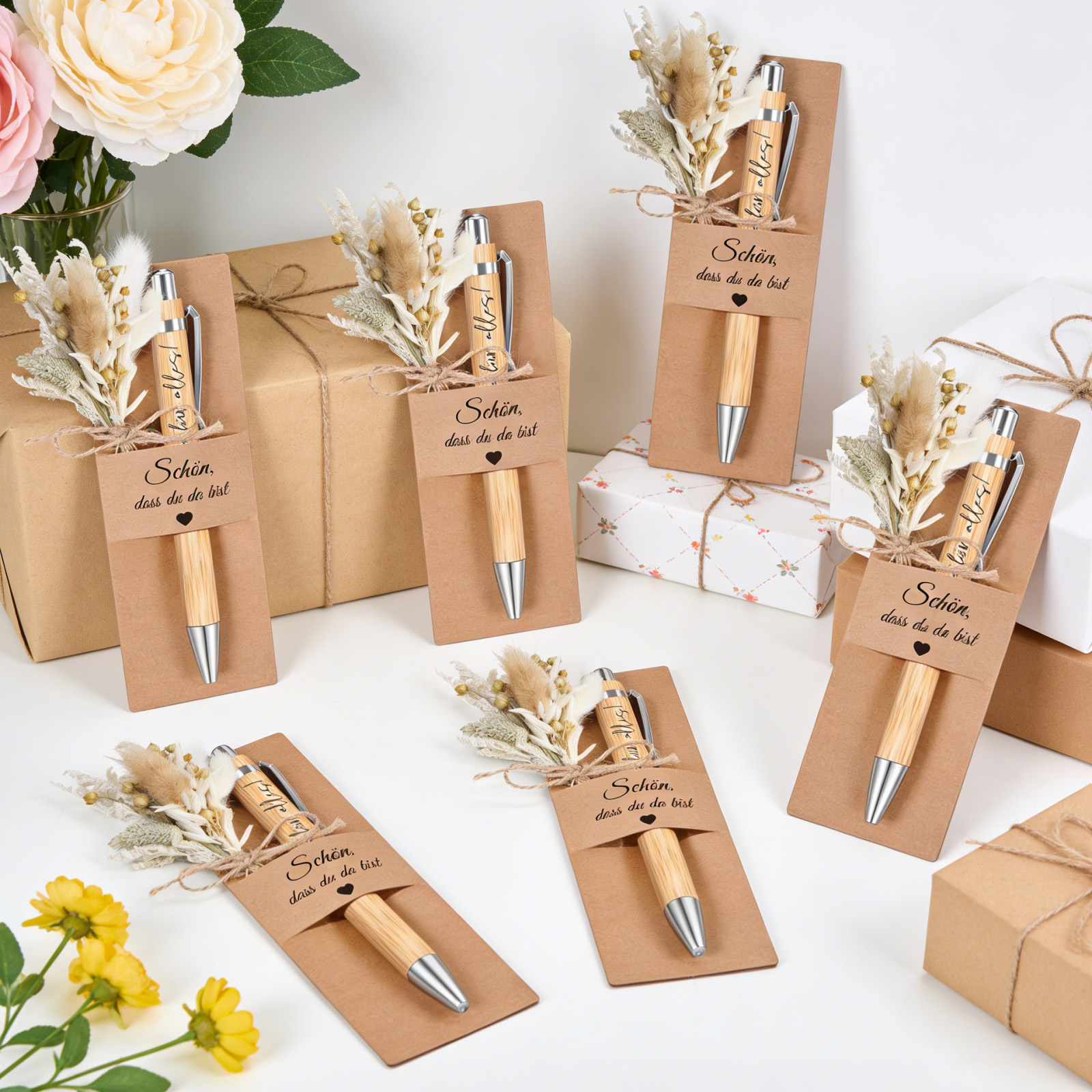 Power Cards "" 12pcs With Thank You Ballpoint Pens And Dried Flower Set - Party Gift Set