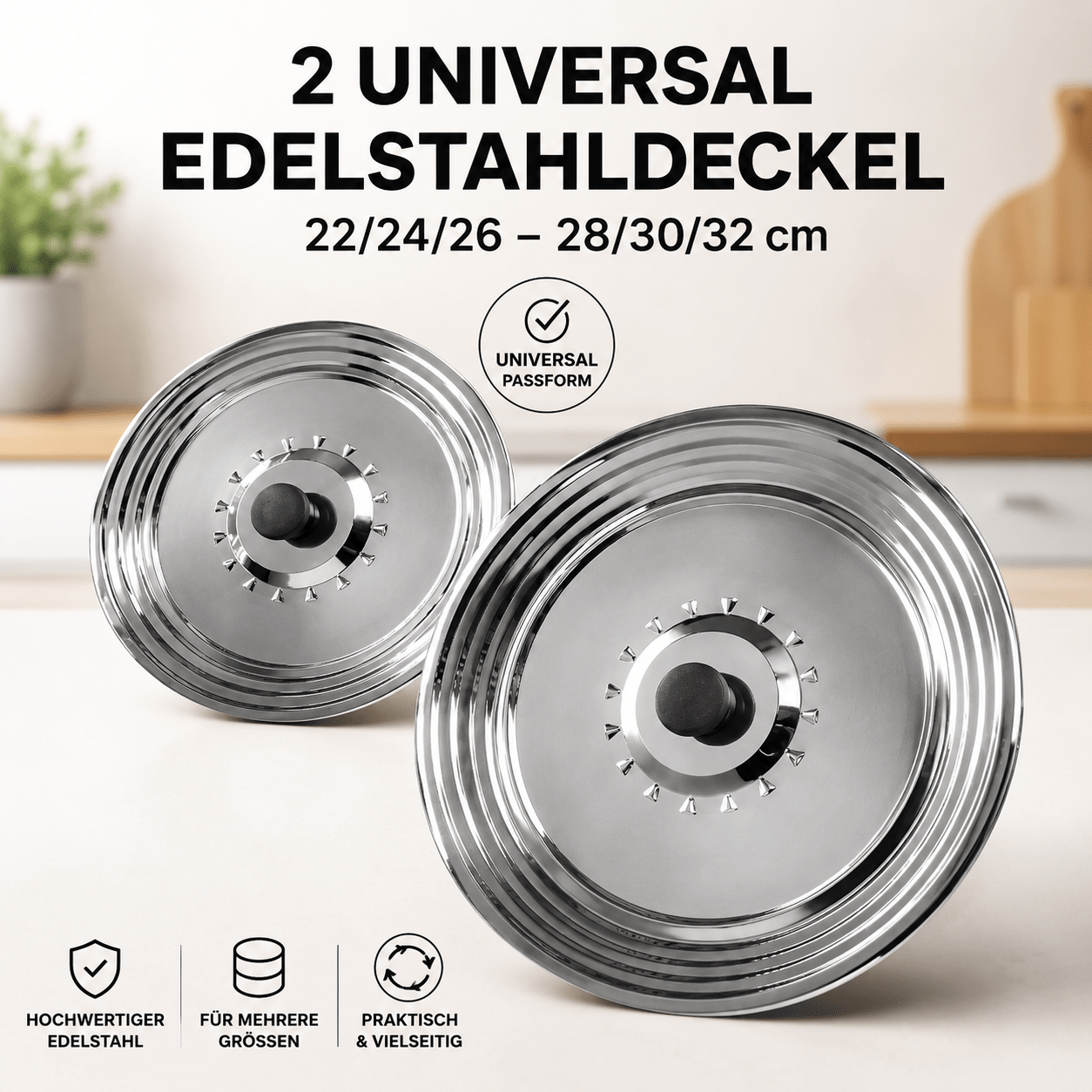 Universal Step Lid Set, 2-piece Stainless Steel For 22, 24, 26–28, 30, 32 Cm