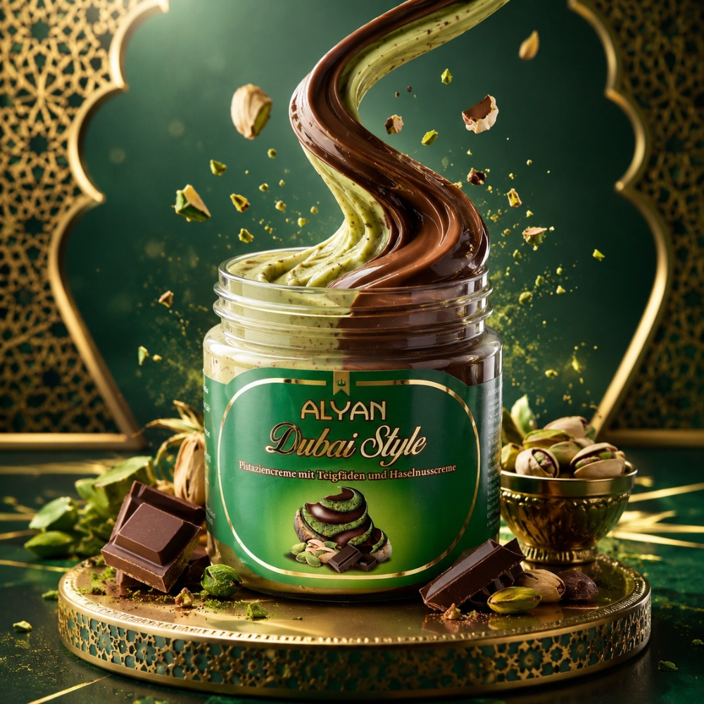   dubai style pistaziencreme & haselnusscreme im   – dubai  lade duo-creme mit kunefe, pistaziencreme &  -haselnusscreme, premium brotaufstrich 200 g