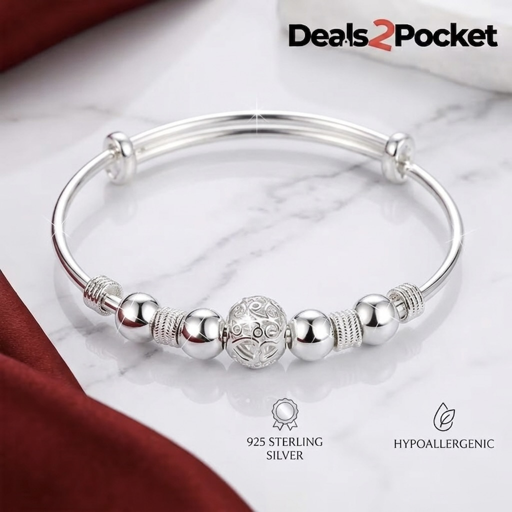 TEMU 925 Sterling Silver Adjustable Beaded Bangle – Elegant Charm Bracelet For Women