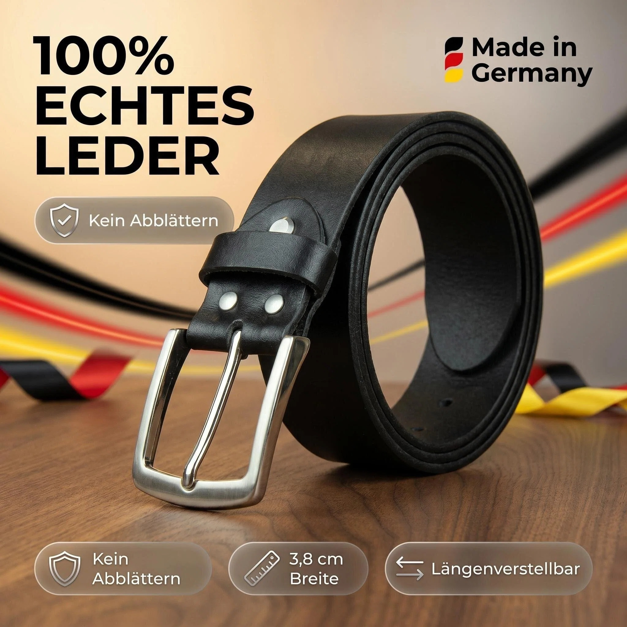 Men's Belt 100% Genuine Leather, Made In Germany, 3.8cm Wide Leather Belt, Adjustable, Black, Business & Casual