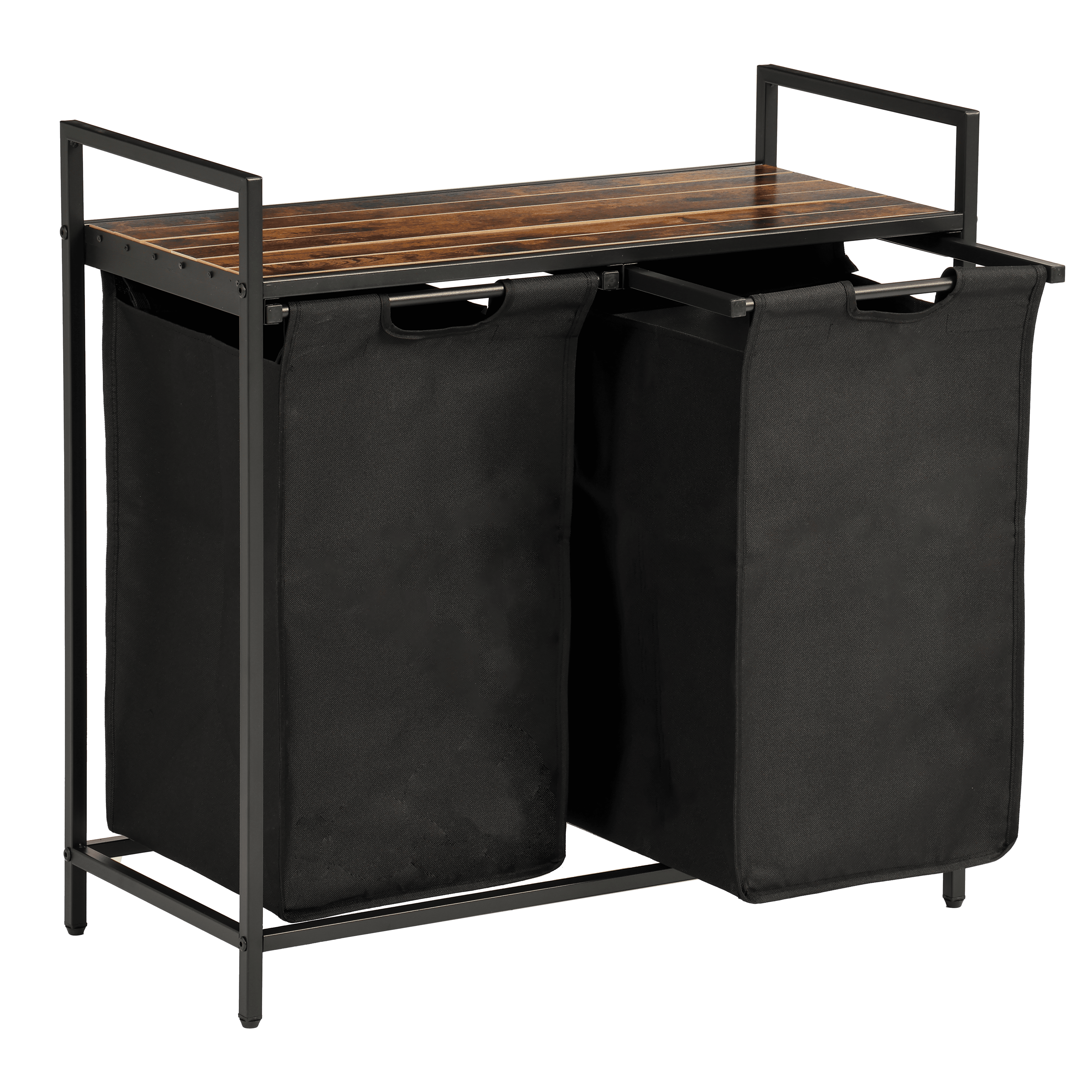 TEMU Wasmand met 2 vakken en plank – 73x33x71 cm – Uittrekbare wassorteerder – 88L – 2 verwijderbare Oxford-stoffen zakken – Metalen frame – Houten –