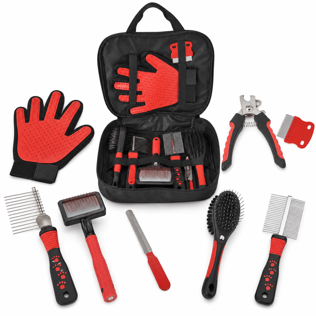 Image of 9-piece Dog Or Cat Grooming Kit, Complete Grooming Set | Brush, Comb, Nail Clippers, Hair Removal Glove | Includes Organizer Bag | For Dogs And Cats