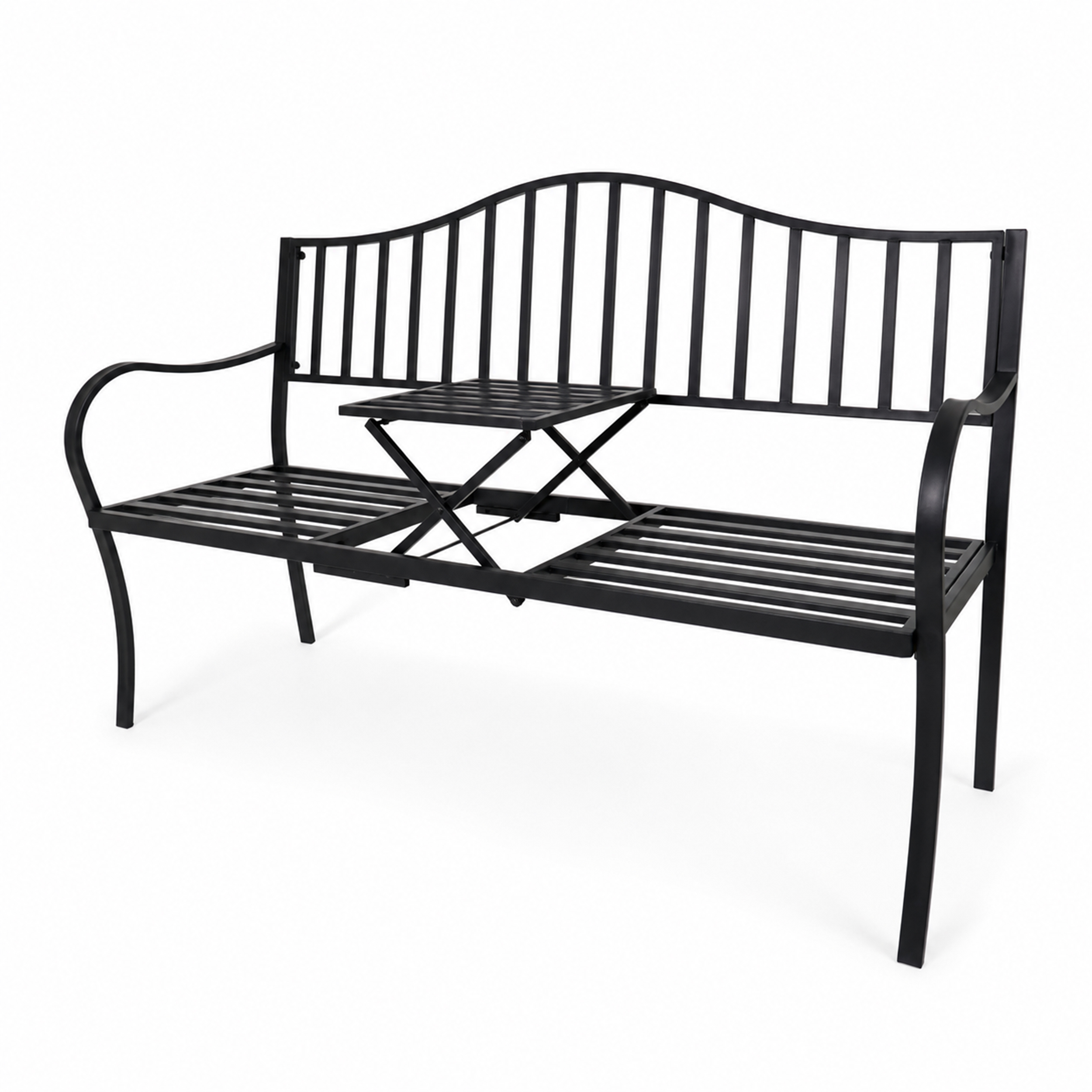 Metal Garden Bench With Table In Black For Balcony And Terrace