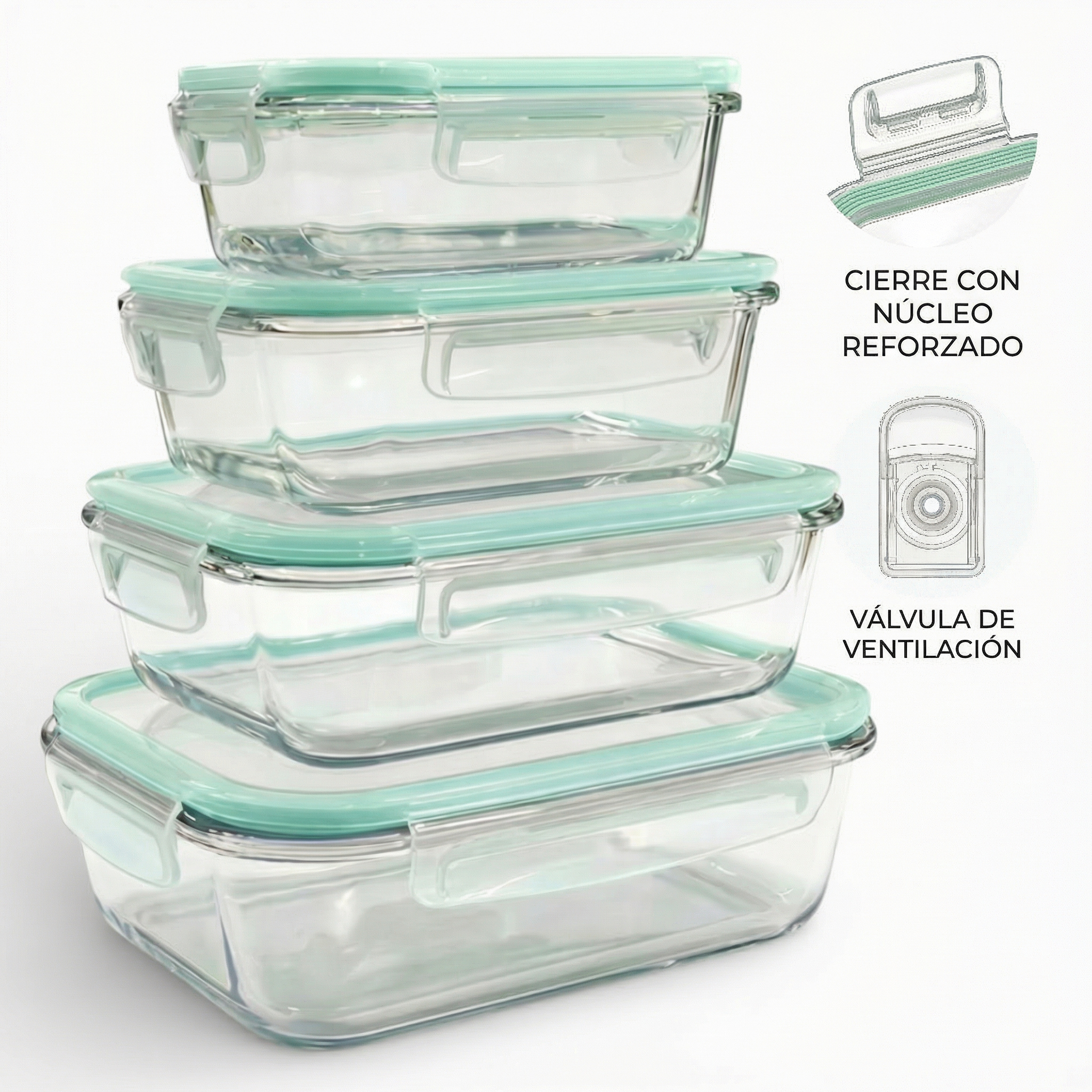 TEMU Juego de Almacenamiento de 8 Piezas (4 Recipientes + ) | Fiambreras de Cristal de Borosilicato Rectangulares, Cuadradas y Redondas | Tapas