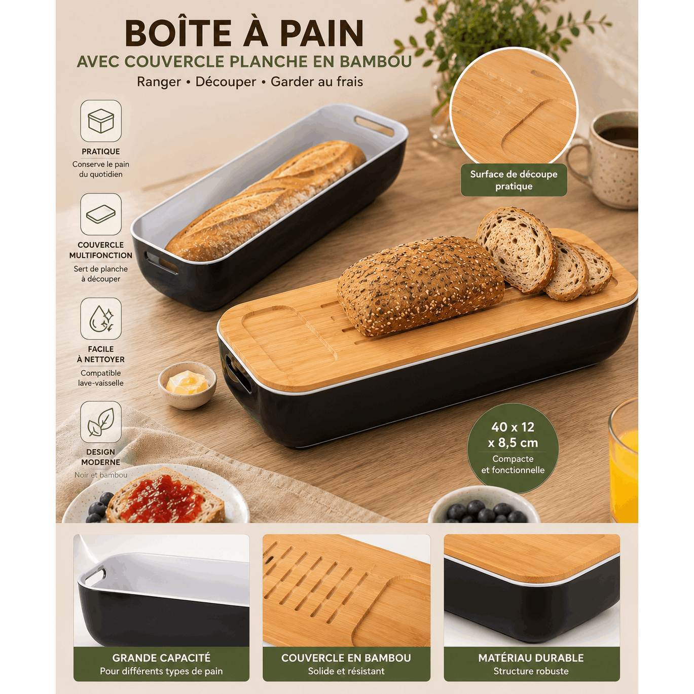 TEMU Boîte à Pain avec Couvercle Planche en Bambou & Couteau