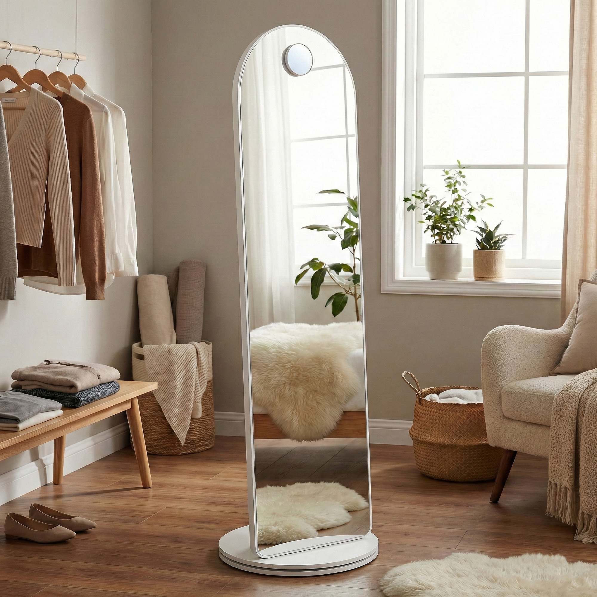 Full-length Swivel Mirror With Shelves, Hooks, And Magnifying Mirror, Curved, For Bedroom, White