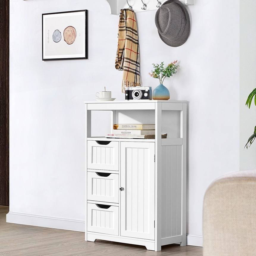 TEMU Costoffs Bathroom Storage Cabinet With 3 Drawers & 1 Door, Freestanding Wooden Organizer With Open Shelf, Anti-tip & Water-resistant, For