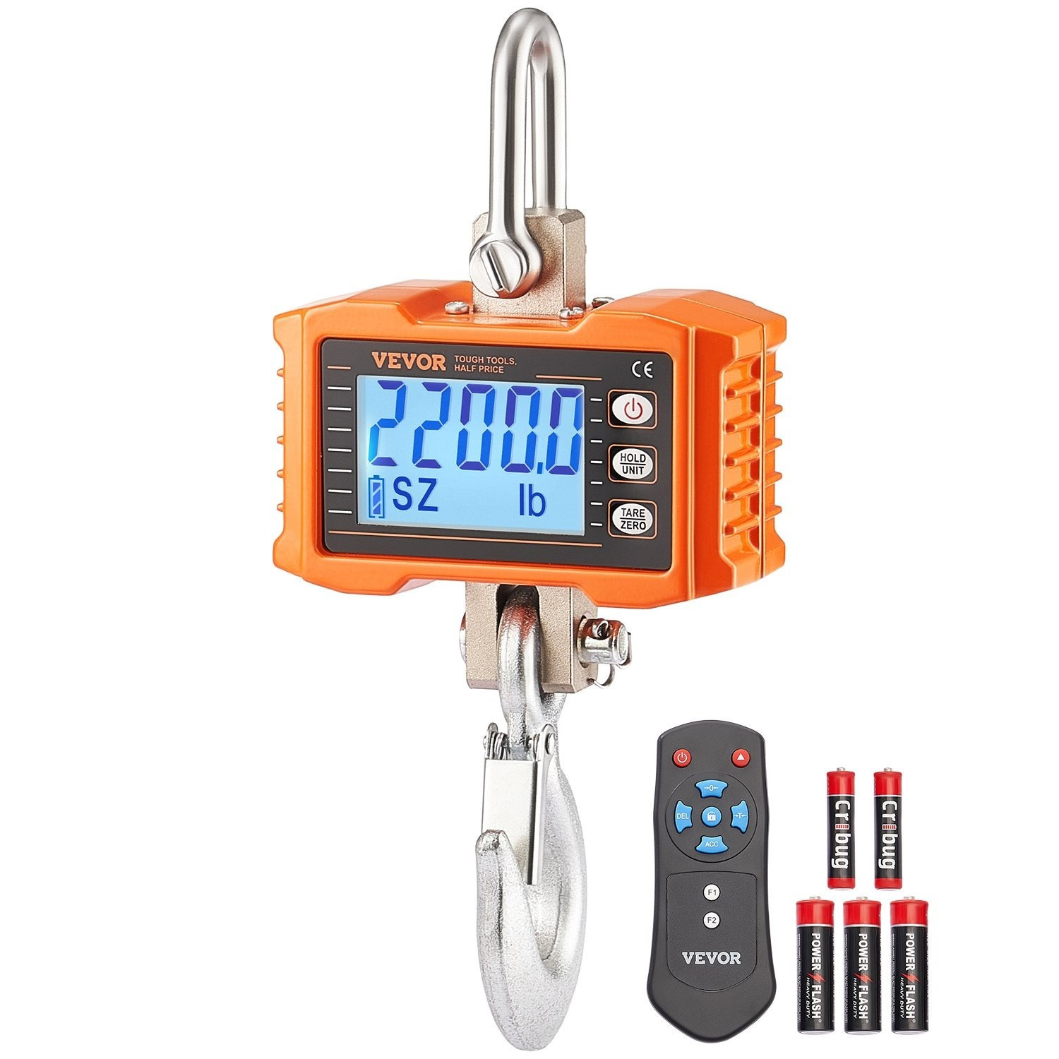 Image of Vevor Digital Crane Scale, 2200 Lbs/1000 Kg, Industrial Heavy Duty Hanging Scale Cast Aluminum Case & Lcd Screen, For Construction, Factory, Farm, Hunting (orange)