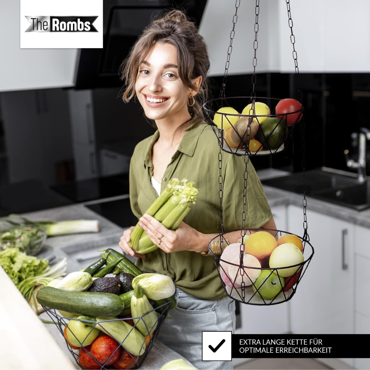 Image of Hanging Fruit Basket With 3 Tiers, Wooden Base, And Metal Chain