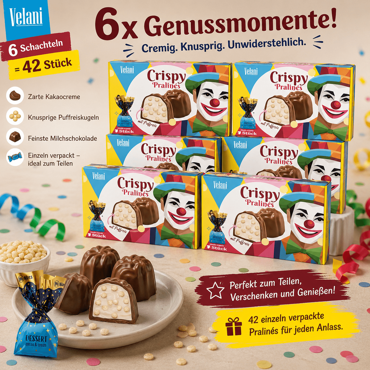 6x Velani Crispy Pralines With Puffed Rice – 42 Individually Wrapped Chocolate Pralines With Creamy Filling | Xxl Bulk Pack For Office, Candy Bar, Party & Gift