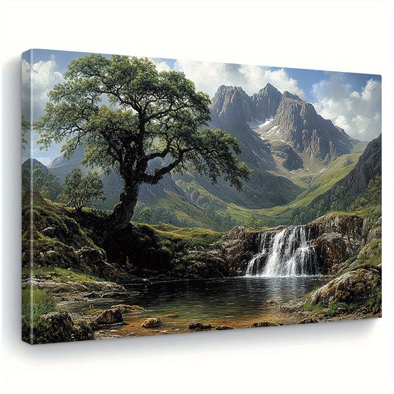 TEMU 1pcs 2d Flat Landscape Waterfall Canvas Wall Art - Wooden Frame Horizontal Landscape Painting, Classic Decorative Suitable For Living Room,